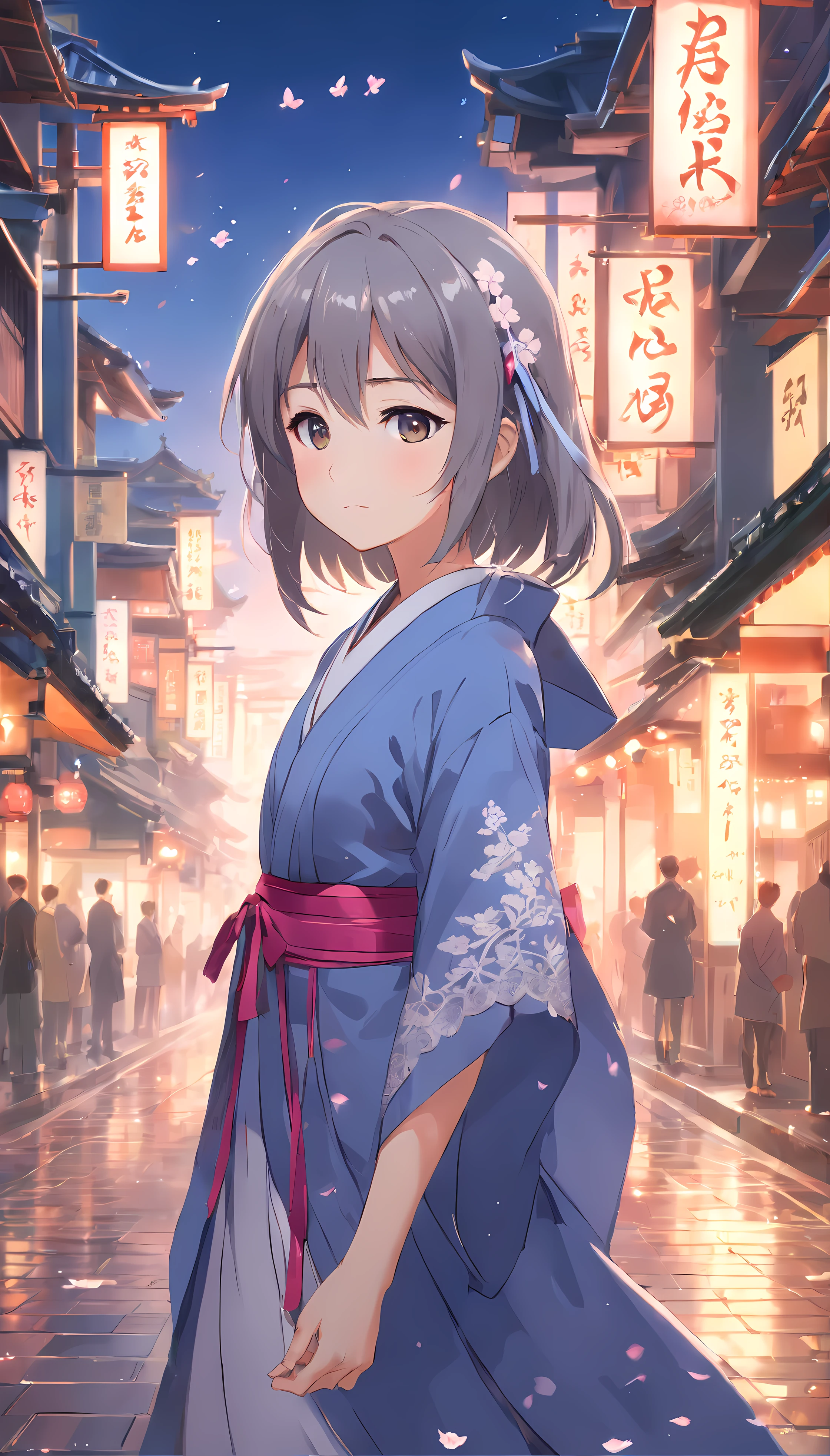 (Little girl:1.5),Lace,ribbons,Hanfu,(tmasterpiece, Side seams, Beautiful gray eye detail: 1.2), tmasterpiece, actual, glowing light eyes,shinny hair,black hair color hair,Long gray hair, Skin glows, Alone, embarressed,No shoulder strap,Exquisite,prettify,sonoko,blossom flower,Fly petals,