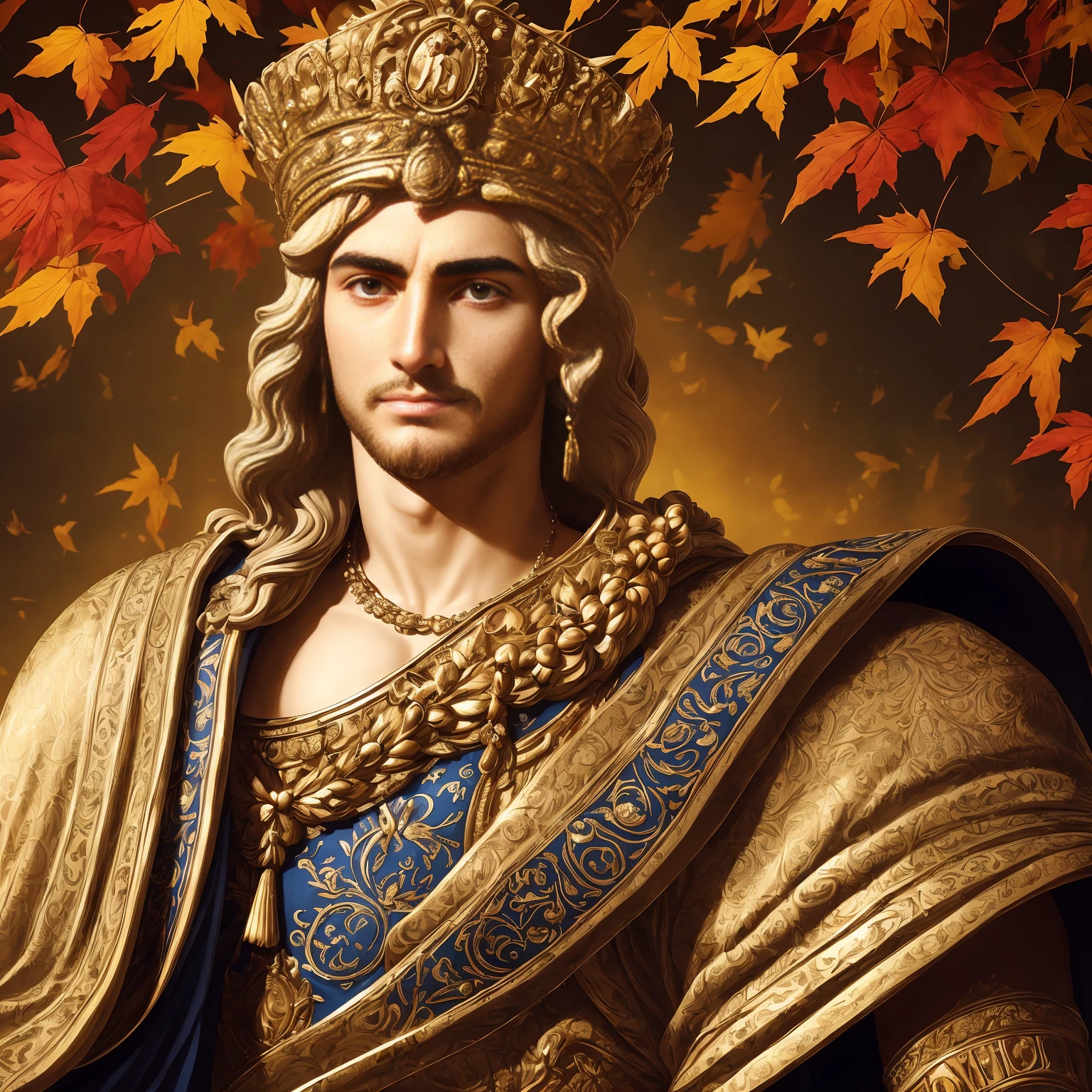 Reincarnation of the Roman emperor Constantine the Great, wearing a suit, eyes that shine brightly like the eyes of a lion, eyes sharp like an eagle, a gentle smile, a calm but cool-headed, ambitious, aura of a ruler, a first-class politician, tall, strong, Rome background, autumn, maple leaves,masterpiece。top-quality。Super beautiful。The ultra -The high-definition。detaileds。exquisite。(masutepiece, Digital Art, Digital Illustration, 4K, 8K, Ultra-detailed, beautiful image, Sharp Image, Photorealistic, Raw photo, Perfect face, Perfect lines, Perfect eyes, Soft lighting)