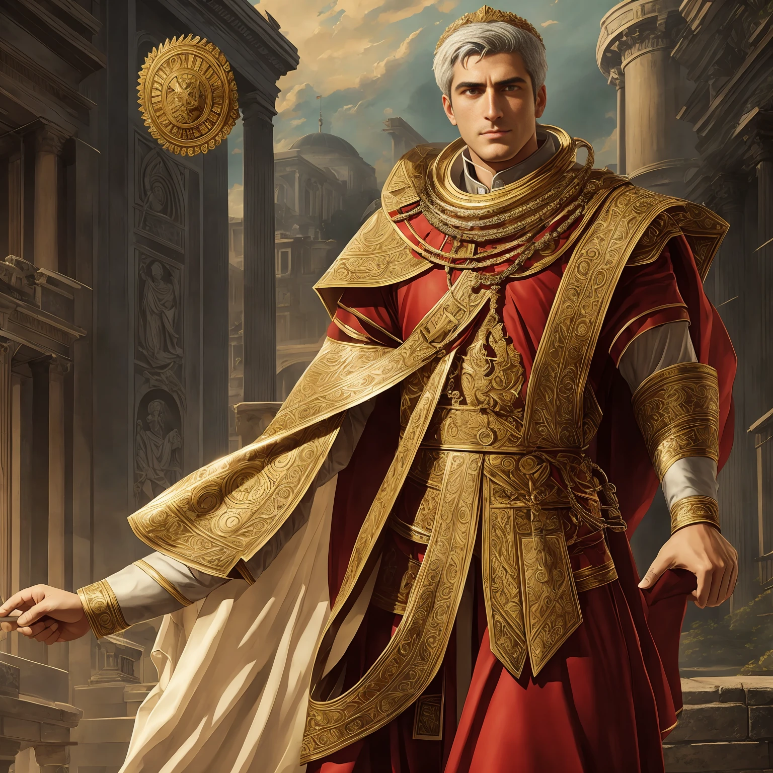 Reincarnation of the Roman emperor Constantine the Great, wearing a suit, eyes that shine brightly like the eyes of a lion, eyes sharp like an eagle, a gentle smile, a calm but cool-headed, ambitious, aura of a ruler, a first-class politician, tall, strong, Rome background, autumn, maple leaves,masterpiece。top-quality。Super beautiful。The ultra -The high-definition。detaileds。exquisite。(masutepiece, Digital Art, Digital Illustration, 4K, 8K, Ultra-detailed, beautiful image, Sharp Image, Photorealistic, Raw photo, Perfect face, Perfect lines, Perfect eyes, Soft lighting)