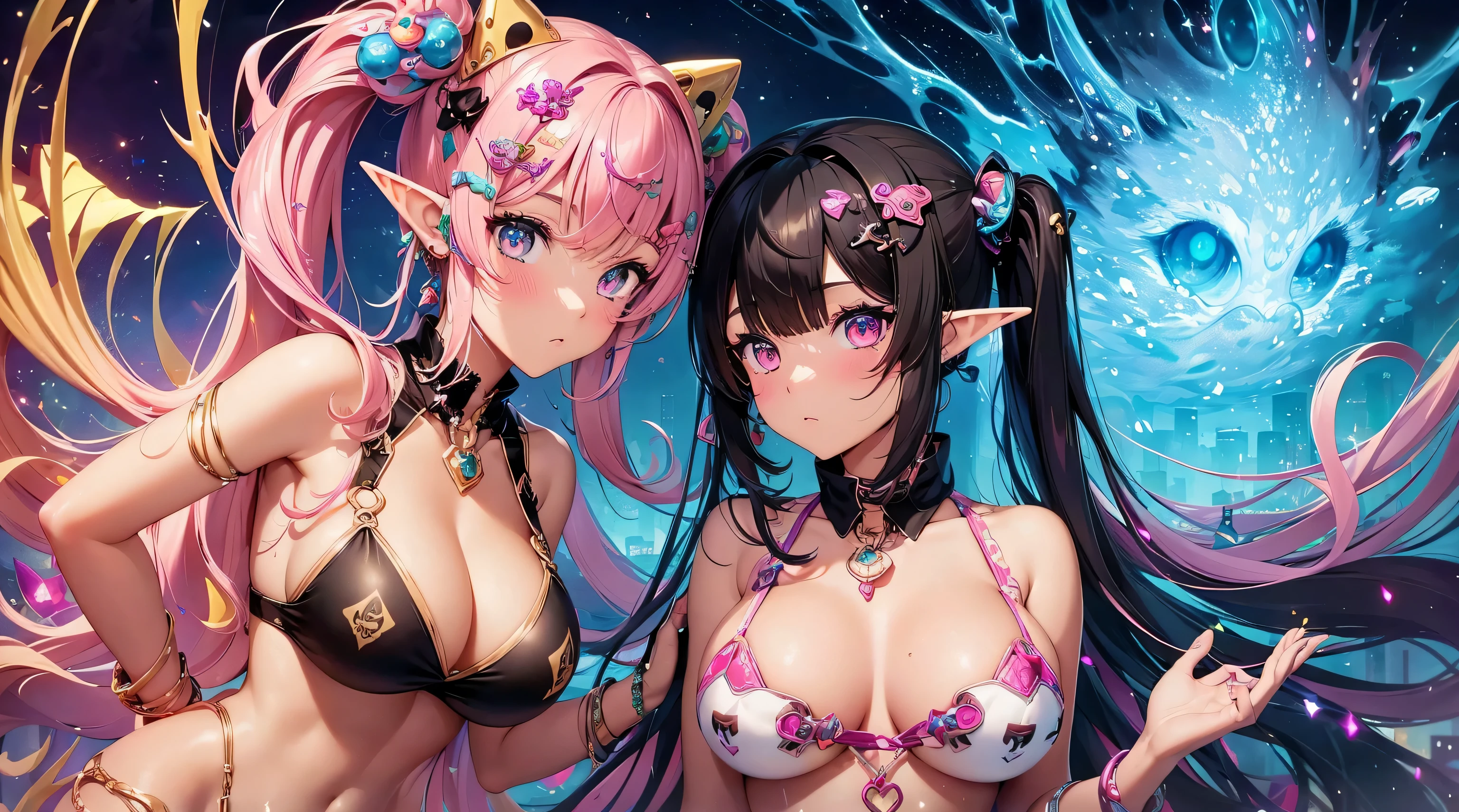 closeup, two beautiful girl elf, neon rainbow hair, space buns, no clothes, no pants, cute face , city, city fractal cyberscape, hanging out, cute faces, extreme abs, very developed ab muscles, no clothes, exposed body, nudist, futuristic, neon signs, beautiful sunset, no clothes, super pretty, underwater, unnatural grace, super beautiful, giant black and gold giant octopus tentacles touching characters, jewlery, quantum balls of power and light, tentacles, detailed, fractal sky, amazing sunset, underwater