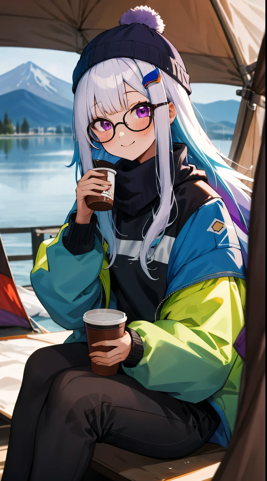 One girl with long hair, bangs, white hair, blue inner hair:1.25) , purple eyes, looking at viewer, blushing, little smile, puffer jacket, tight pants, beanie, glasses, indoor, outdoor, fuji mountain, lake, camping, camp, dizzy, mid-chest, morning atmosphere, hair ornament, sitting, holding a cup with hot chocolate