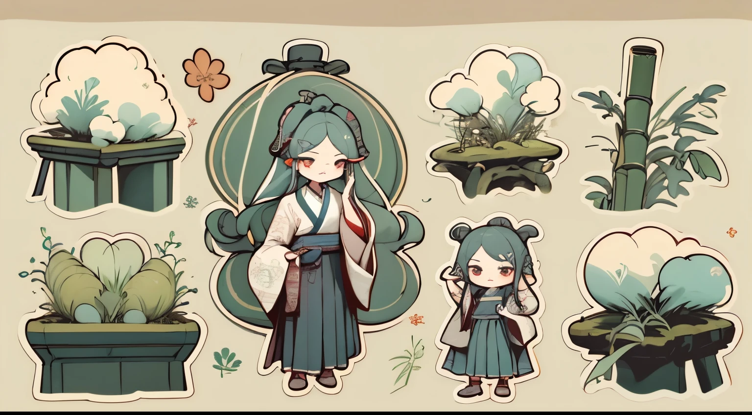 1 sticker, handbook, (sticker, 1 girl, Chinese Ming dynasty clothes, gorgeous collar top, pleated long skirt, hanfu, embroidery, hairpin, bamboo, moss, pavilion), watercolor, light background,  background, minimal, cute, tiny, pastel color, vector style, no gradient,