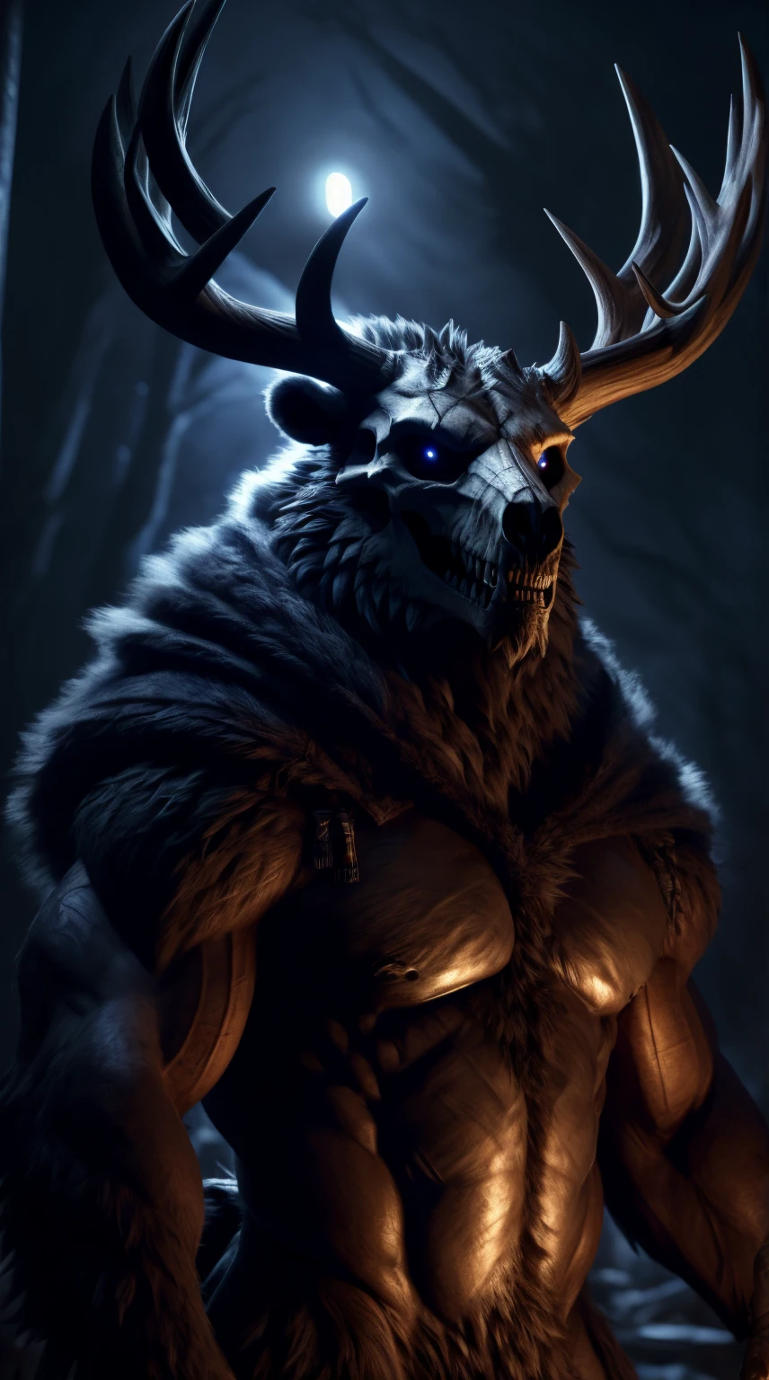 monster, fur on body, scales on belly, majestic fur mantle, wendigo skull, elk horns, giant, bear body, threatening, stands menacingly, wide body, illustration, (best quality, 4k, highres, masterpiece:1.2), ultra-detailed, realistic, horror, sharp focus, vivid colors, nighttime lighting,