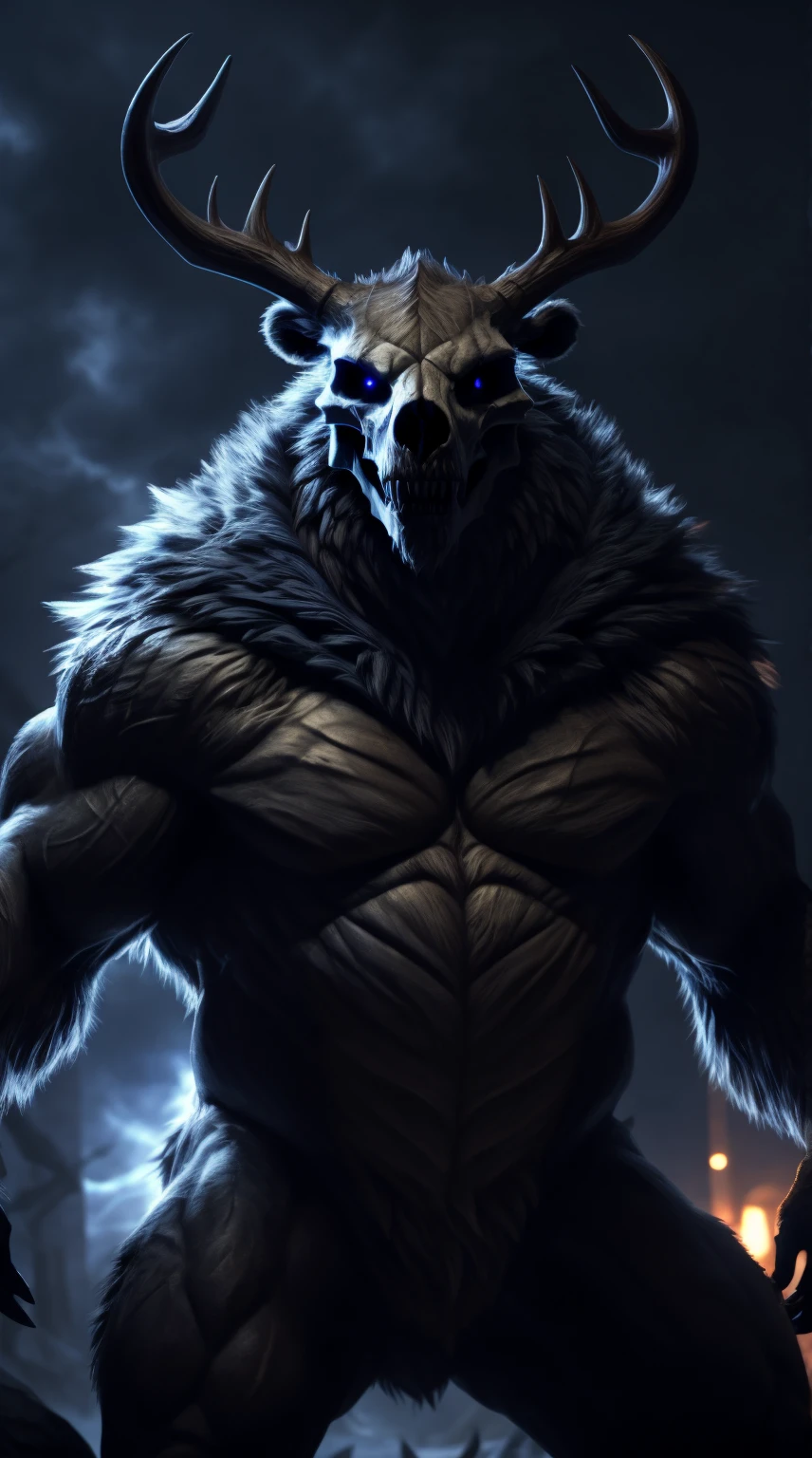 monster, fur on body, scales on belly, majestic fur mantle, wendigo skull, elk horns, giant, bear body, threatening, stands menacingly, wide body, illustration, (best quality, 4k, highres, masterpiece:1.2), ultra-detailed, realistic, horror, sharp focus, vivid colors, nighttime lighting,