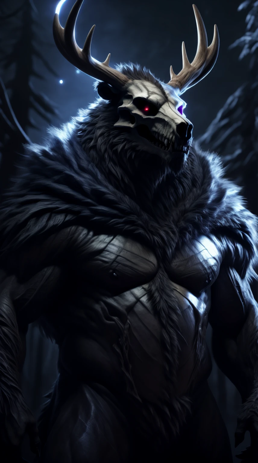 monster, fur on body, scales on belly, majestic fur mantle, wendigo skull, elk horns, giant, bear body, threatening, stands menacingly, wide body, illustration, (best quality, 4k, highres, masterpiece:1.2), ultra-detailed, realistic, horror, sharp focus, vivid colors, nighttime lighting,