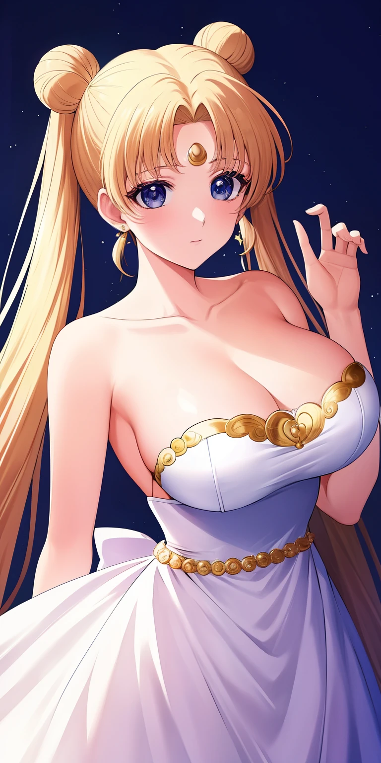 SMU Sagitsukino, 큰pectorals, Standing, Solo, Masterpiece, Best Quality, Detailed face, Detailed Eyes, high resolucion, Masterpiece, Best Quality, Detailed face, Detailed Eyes, high resolucion, SMPrincessCostume,Serenity,프린세스Serenity,네오퀸Serenity,pectorals,Big,거대한pectorals,풍만한pectorals.a blond,Dango hair,왕pectorals,breast,forehead crescent moon,젖pectorals,흘러넘치는pectorals,voluptuousness,The dress,crescent moon forehead,It's full of bread