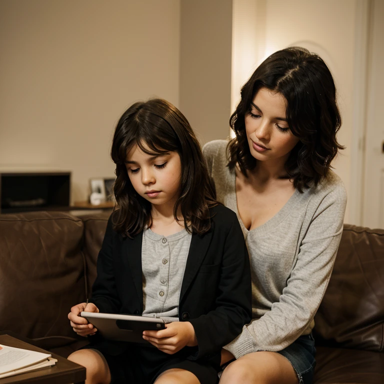 Cartoon image of a dark-haired, curly-haired boy of approximately who is sitting in the living room with his eyes fixed on his tablet while his mother, a tall, well-dressed woman, tries to talk to him