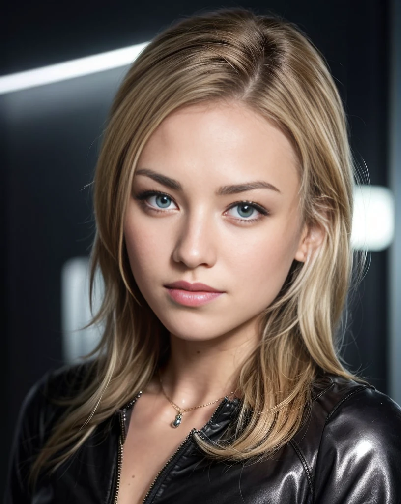 Photo of Yvonne Strahovski in a mecha suit, Solo, Blue eyes, Reverse Bob Haircut, Shiny skin, Wet skin, shiny Glossy skin, Glossy skin, Oily skin, Headshot on black background, Warm atmosphere, photograph, photo shot, Shot with Panavision Panaflex Platinum camera equipped with Panavision Primo Prime spherical lens 75mm T1.9