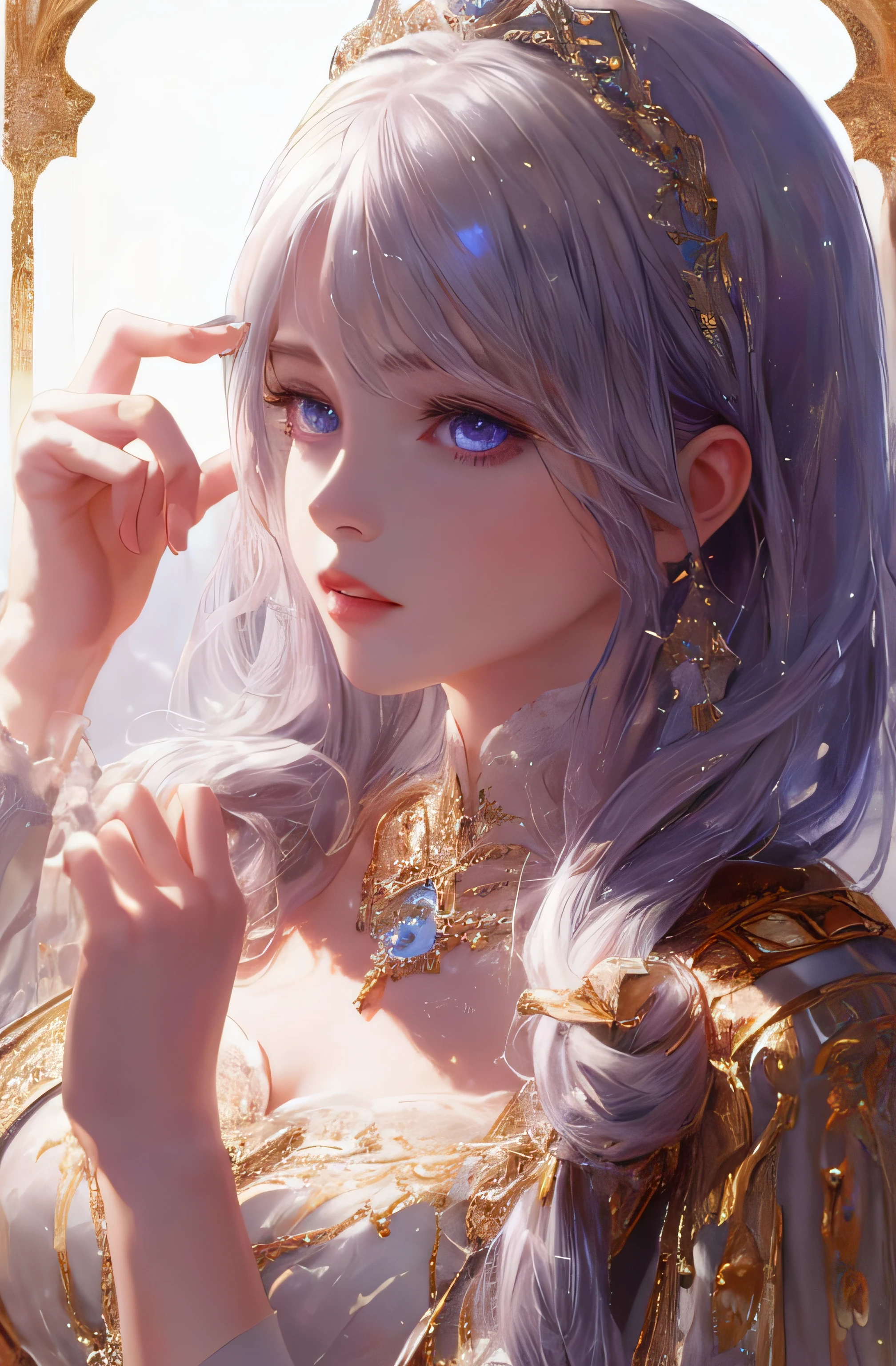The upper part of the body、profile、8K、realphoto、超A high resolution, Master Parts, Best Quality, nffsw , cinematic images,Lovely girl、ann、16 only、annグロサクソン、二重まぶた、drooing eyes、Very big eyes、Eyes purple、Dark eye shadow、The lips are very thin、The tip of the nose stretches beautifully.........................、the tip of the nose is small,,,,, ighly detailed , Silver hair、Straight short hair、ssmile、 Sweet look 、a very beautiful woman、legs are long、 Very clear shadows , jewely , A sexy , A detailed eye, very intricate, shiny skins , パーフェクトブリリannト, Perfect Lighting, Dramatic shadows、White tiara on head、Gold necklace around the neck、White aristocratic dress with gold embroidery、Glass High Heels