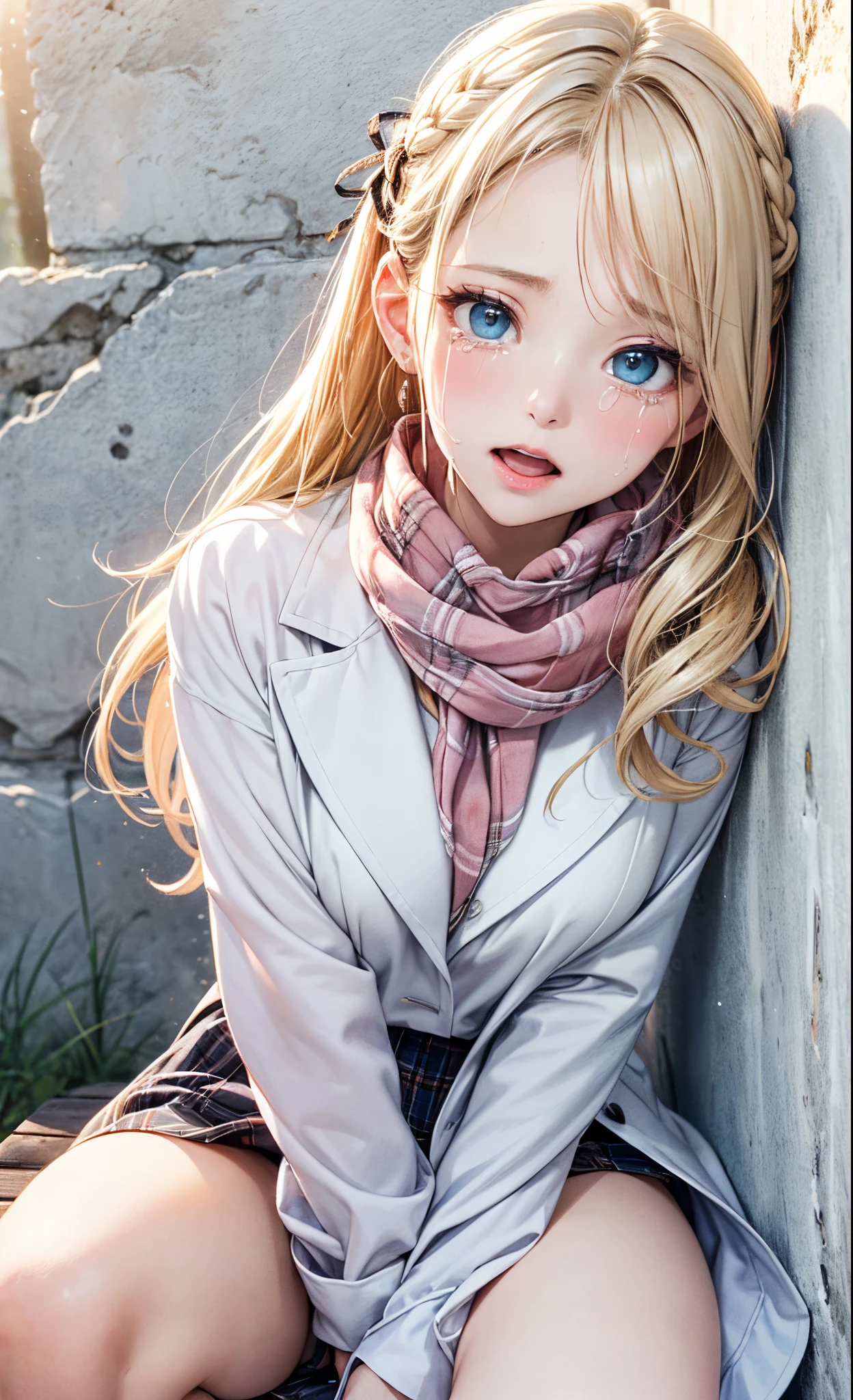 (masterpiece),(top-quality:1.2),1girl in,(masuter piece:1.3),exquisitedetails, Highest quality 8K resolution, Ultra-detailed, Realistic, Vibrant colors, Soft tones, With warm and gentle lighting,(Beautiful plaid scarf:1.reet Pink Ruffled Ribbon Dresrown long coat:1.2) early evening,Big sunset,(Smooth straight blonde hair:1.2),(Hair parted in the middle:1.3),(Glowing hair),(Dark blue eyes:1.3),White skin, hair clips,Overflowing soft and gentle feelings,(The promenade is full of flowers),((sitting against wall)), The sun's rays illuminate joy and pure love, Warm golden glow,((crying, painful ,open mouth:1.3)), As if celebrating love,Sticking to ultra-detailed depictions and vivid colors. In a style that blends romanticism and realism、You can feel the depth of love,color palettes,Create an ethereal atmosphere like a dream,and the lighting is soft and diffused, Shine a gentle light on your face,The artwork is a masterpiece,