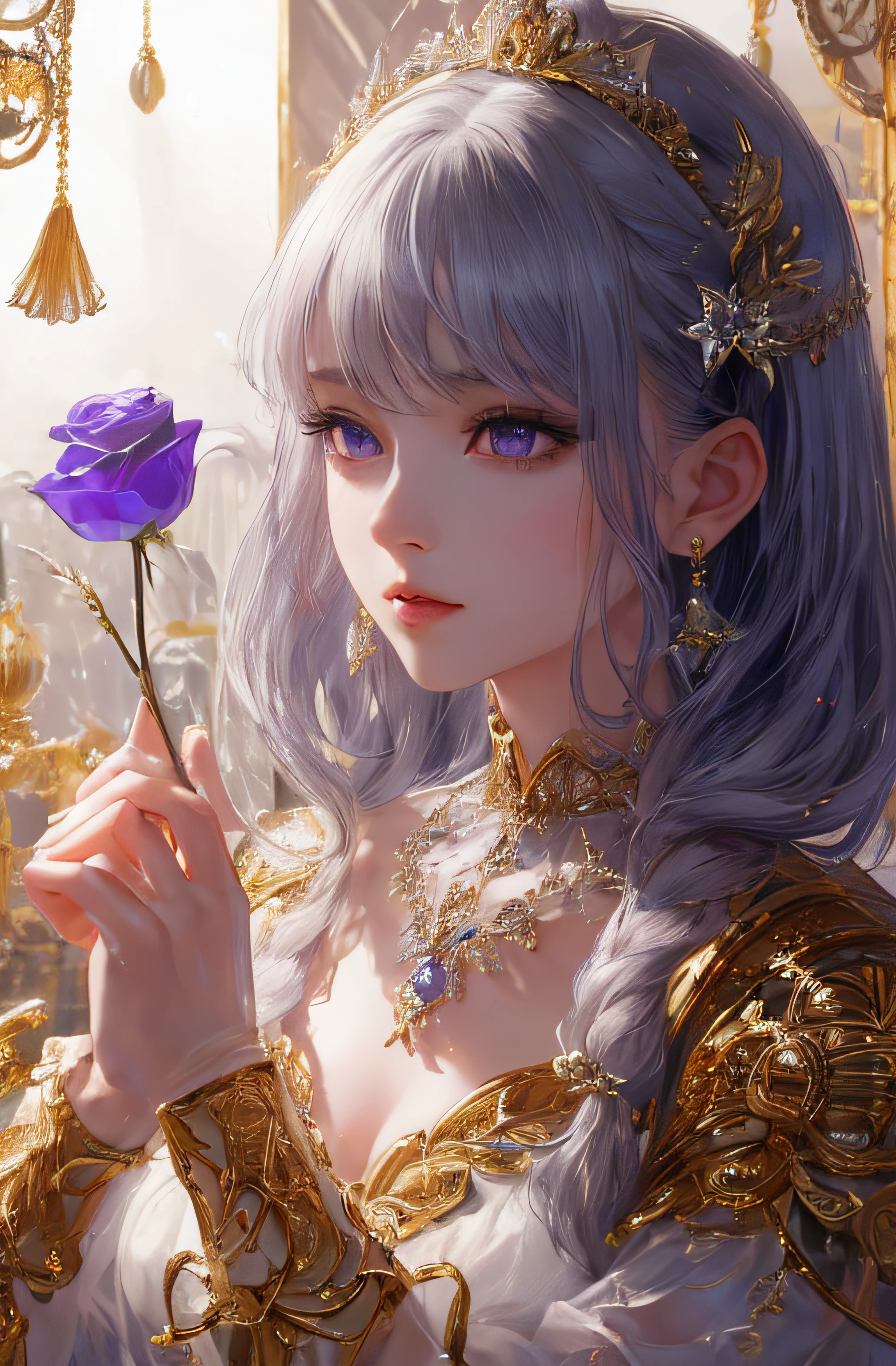 You can see the castle、Looking at the camera、The face is front、profile、8K、realphoto、超A high resolution, Master Parts, Best Quality, nffsw , cinematic images,Lovely girl、ann、16 only、annグロサクソン、二重まぶた、drooing eyes、Very big eyes、Eyes purple、Dark eye shadow、The lips are very thin、The tip of the nose stretches beautifully........................................、the tip of the nose is small,,,,, ighly detailed , Silver hair、Straight short hair、ssmile、 Sweet look 、a very beautiful woman、legs are long、 Very clear shadows , jewely , A sexy , A detailed eye, very intricate, shiny skins , パーフェクトブリリannト, Perfect Lighting, Dramatic shadows、White tiara on head、Gold necklace around the neck、White aristocratic dress with gold embroidery、