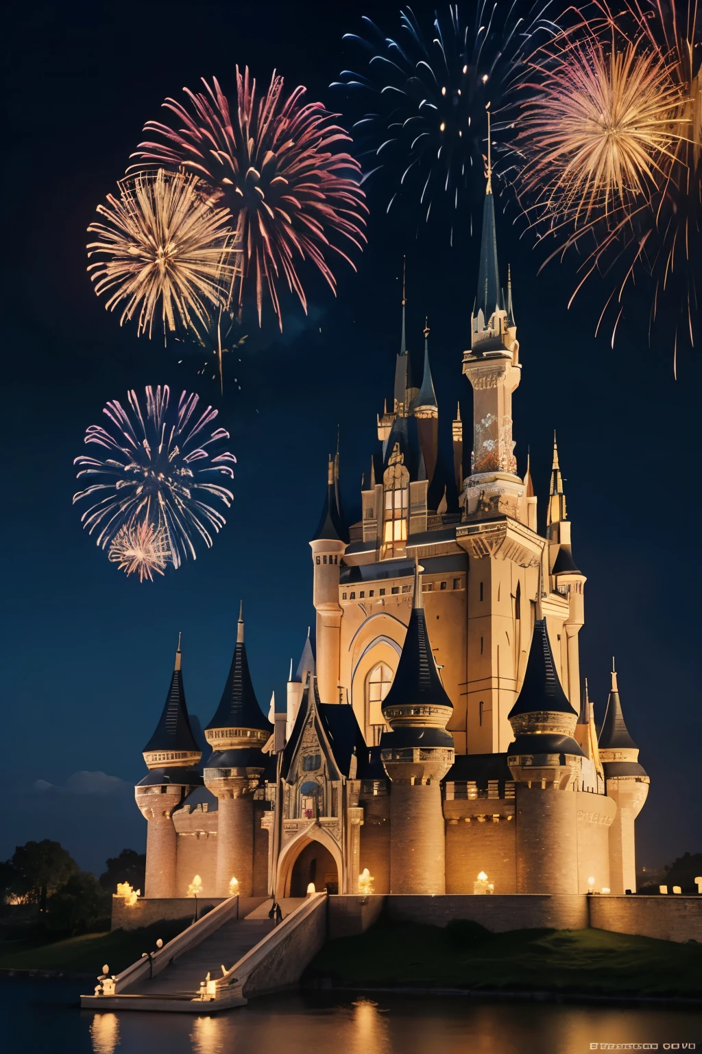 3D,A huge castle,Close-up,In front of the castle,The castle is tall,The castle is colorful,Chinese New Year,Lots of fireworkest quality,high end,pixar-style