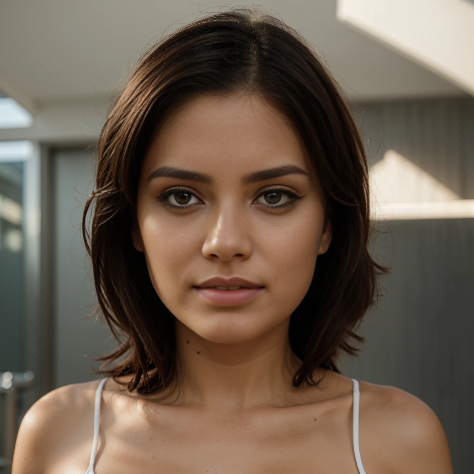 Uma Mulher de 28 anos, morena, with medium eyelashes, olhos castanhos, labios pequenos, rosto ocidental, distortionless, maximo realismo
