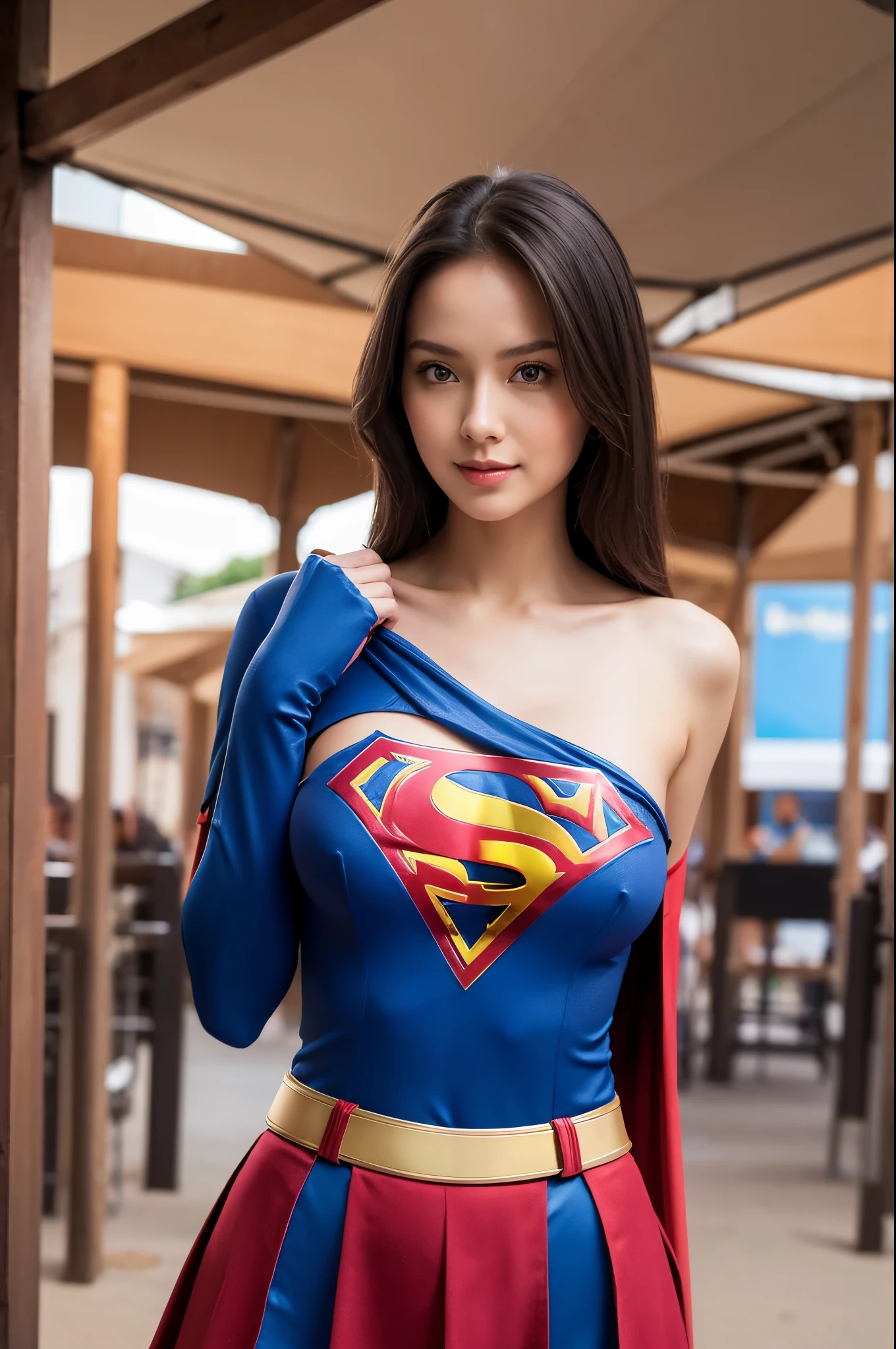 1girl, sexy, open breast, use supergirl wear, in market, realistic, original, high resolution, 8k,