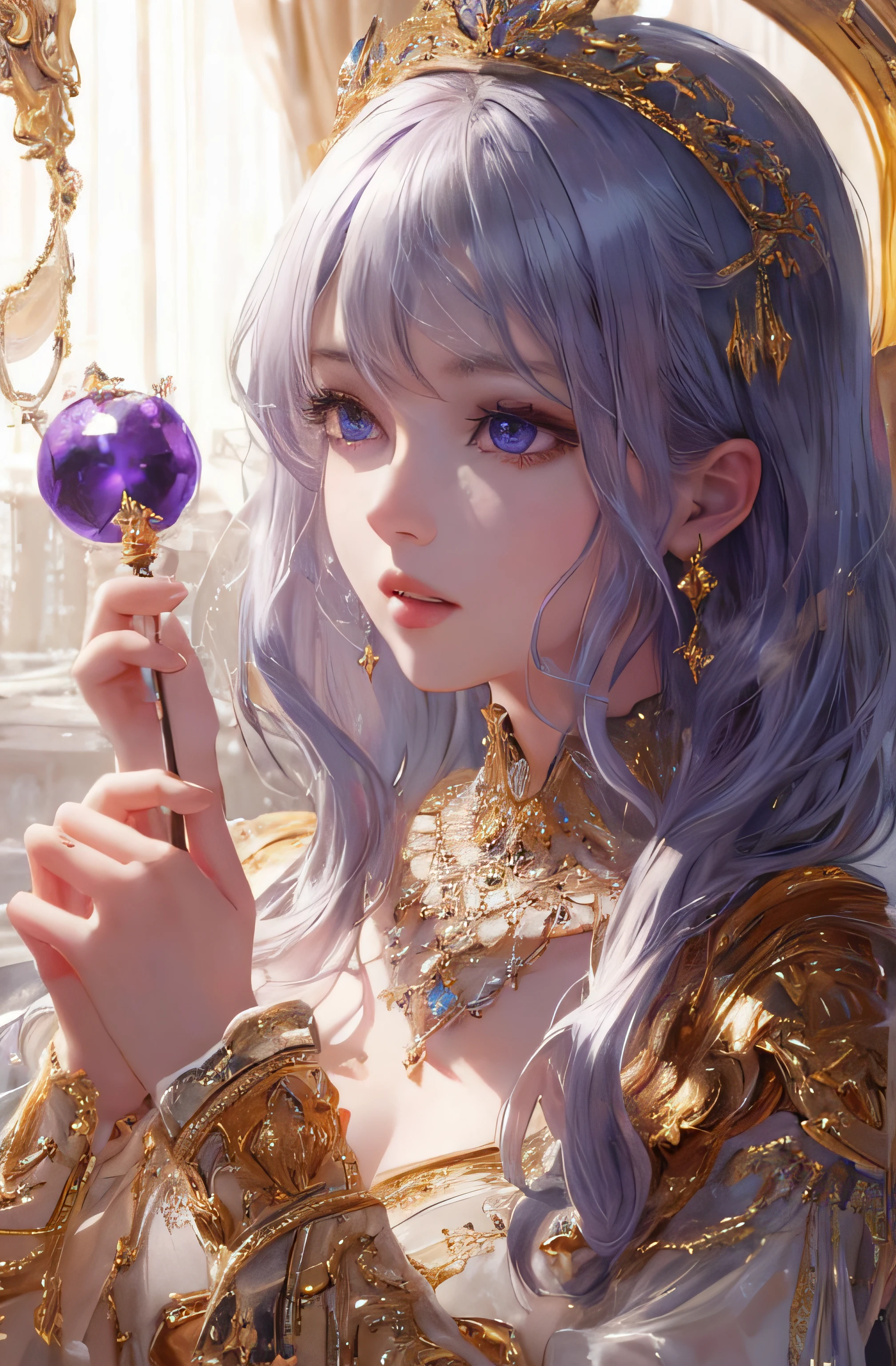 You can see the castle、Looking at the camera、The face is front、profile、8K、realphoto、超A high resolution, Master Parts, Best Quality, nffsw , cinematic images,Lovely girl、ann、16 only、annグロサクソン、二重まぶた、drooing eyes、Very big eyes、Eyes purple、Dark eye shadow、The lips are very thin、The tip of the nose stretches beautifully........................................、the tip of the nose is small,,,,, ighly detailed , Silver hair、Straight short hair、ssmile、 Sweet look 、a very beautiful woman、legs are long、 Very clear shadows , jewely , A sexy , A detailed eye, very intricate, shiny skins , パーフェクトブリリannト, Perfect Lighting, Dramatic shadows、White tiara on head、Gold necklace around the neck、White aristocratic dress with gold embroidery、