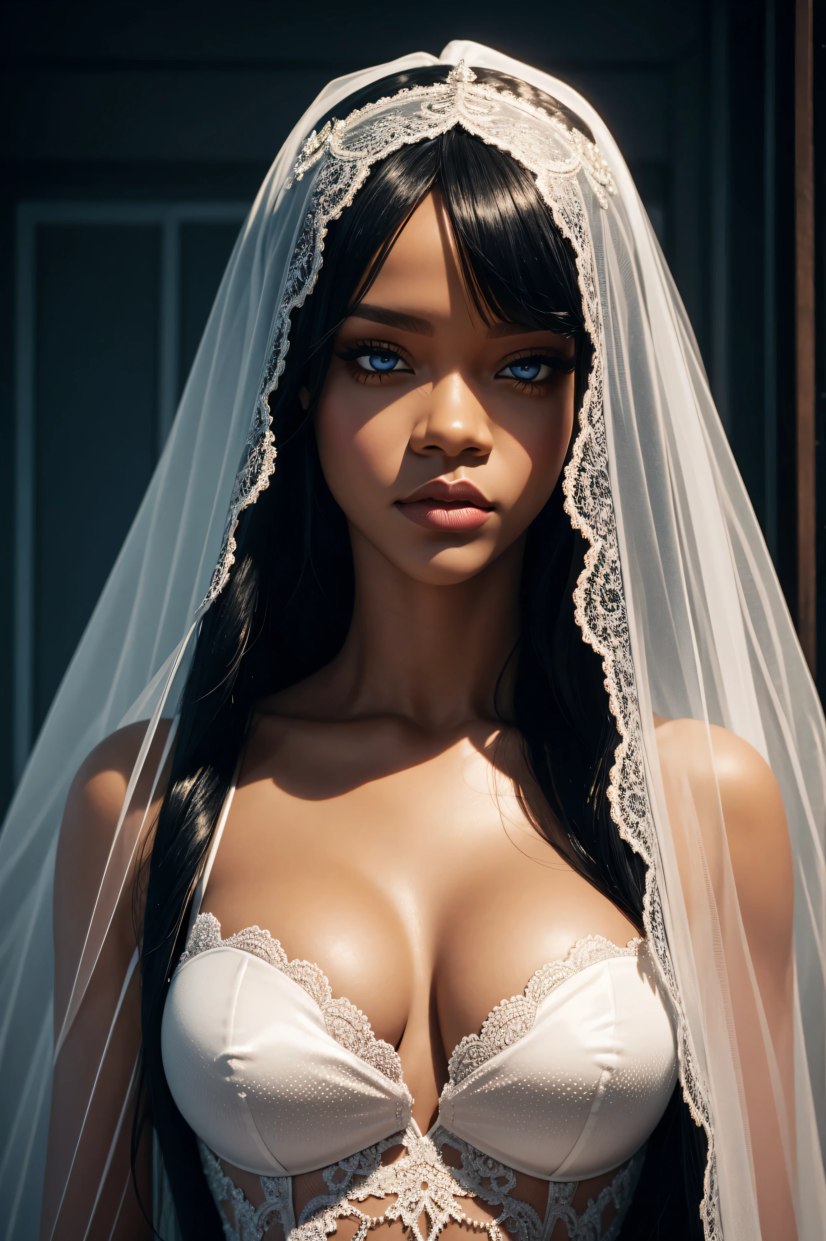 Rihanna, wearing veil bride latex costume sexy clothes transparent. professionally retouched, soft lighting, realistic, smooth face, perfect eyes, sharp focus on eyes, 8 k, high definition, insanely detailed, intricate, elegant. in a natural background.