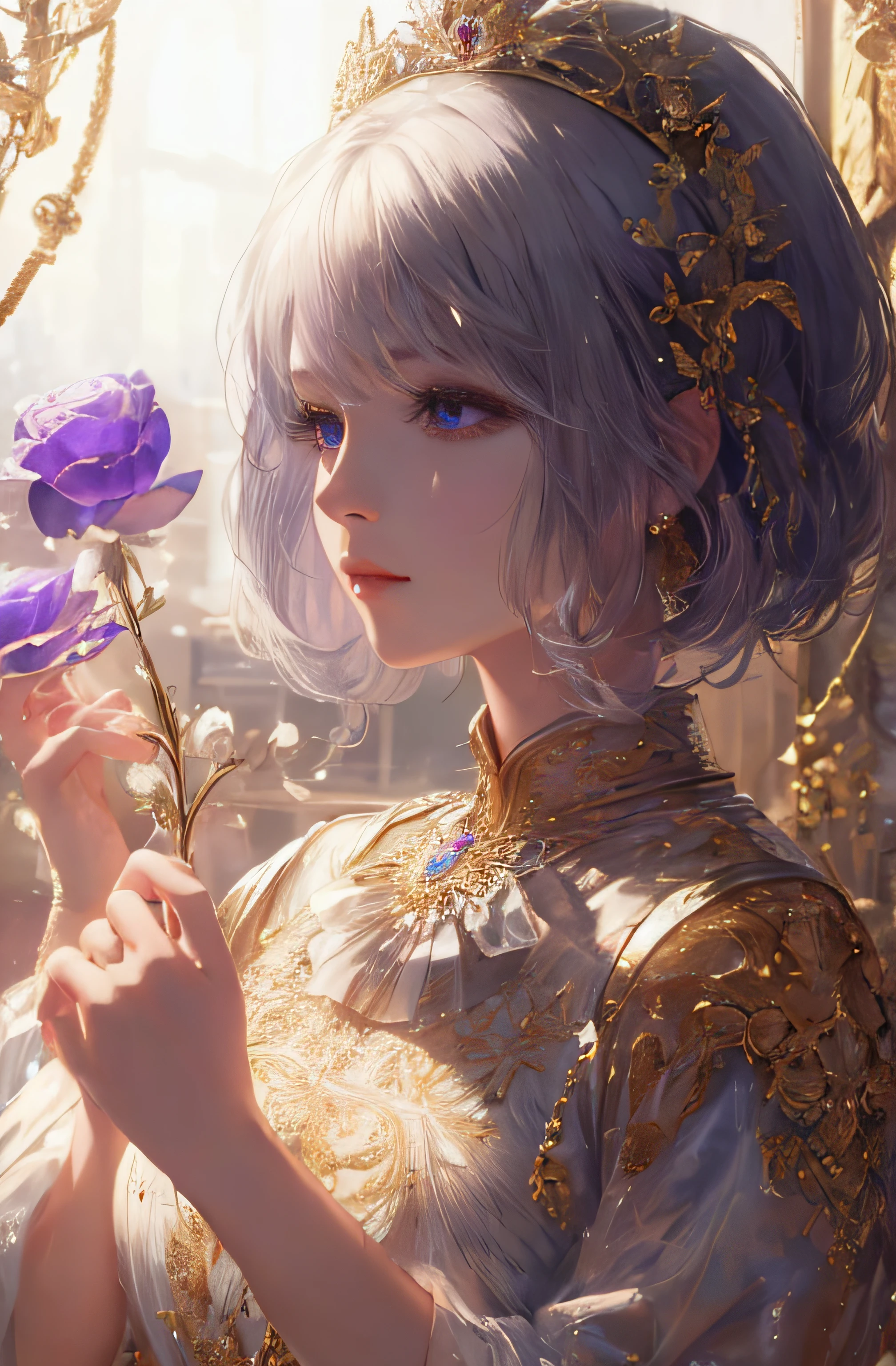 You can see the castle、Looking at the camera、The face is front、profile、8K、realphoto、超A high resolution, Master Parts, Best Quality, nffsw , cinematic images,Lovely girl、ann、16 only、annグロサクソン、二重まぶた、drooing eyes、Very big eyes、Eyes purple、Dark eye shadow、The lips are very thin、The tip of the nose stretches beautifully.................................................、the tip of the nose is small,,,,, ighly detailed , Silver hair、Straight short hair、ssmile、 Sweet look 、a very beautiful woman、legs are long、 Very clear shadows , jewely , A sexy , A detailed eye, very intricate, shiny skins , パーフェクトブリリannト, Perfect Lighting, Dramatic shadows、White tiara on head、Gold necklace around the neck、White aristocratic dress with gold embroidery、