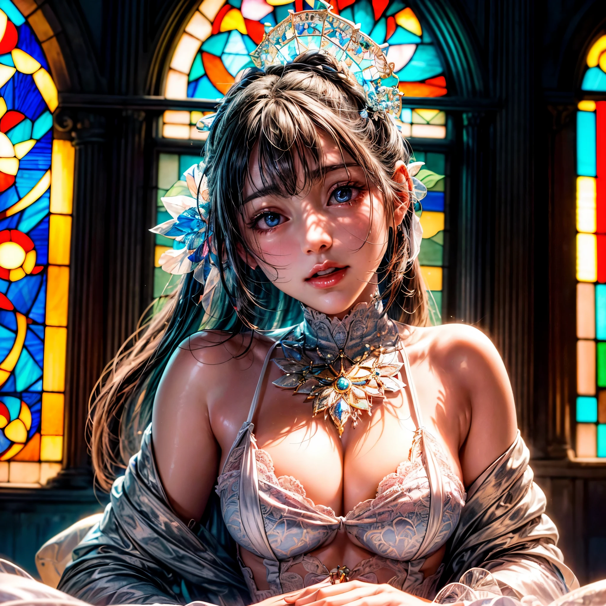 SFW, concept art, Tiny junior idol, Delicate lace knitted white clothes, (nipple:-0.9), face closeup, ((Dazzling and delicate stained glass fills the backgrund, colorful Light shines through stained glass:1.2, vivid red colors, lense Particle lens flare, light Particle)). (masterpiece:1.2),(ultra-detailed:1.37),(realistic,photorealistic,photo-realistic:1.37), (Extremely detailed KAWAII face variations, innocent expression variations), rosy cheeks, intricate detailed eyes with sparkling highlights, long eyelashes with volume, subtle blush on the face. Mystic sight, haze, impeccable skin texture, captivating gaze, ((Dynamic-angle, physically-based rendering)), (whole Body proportions and all limbs are anatomically accurate),