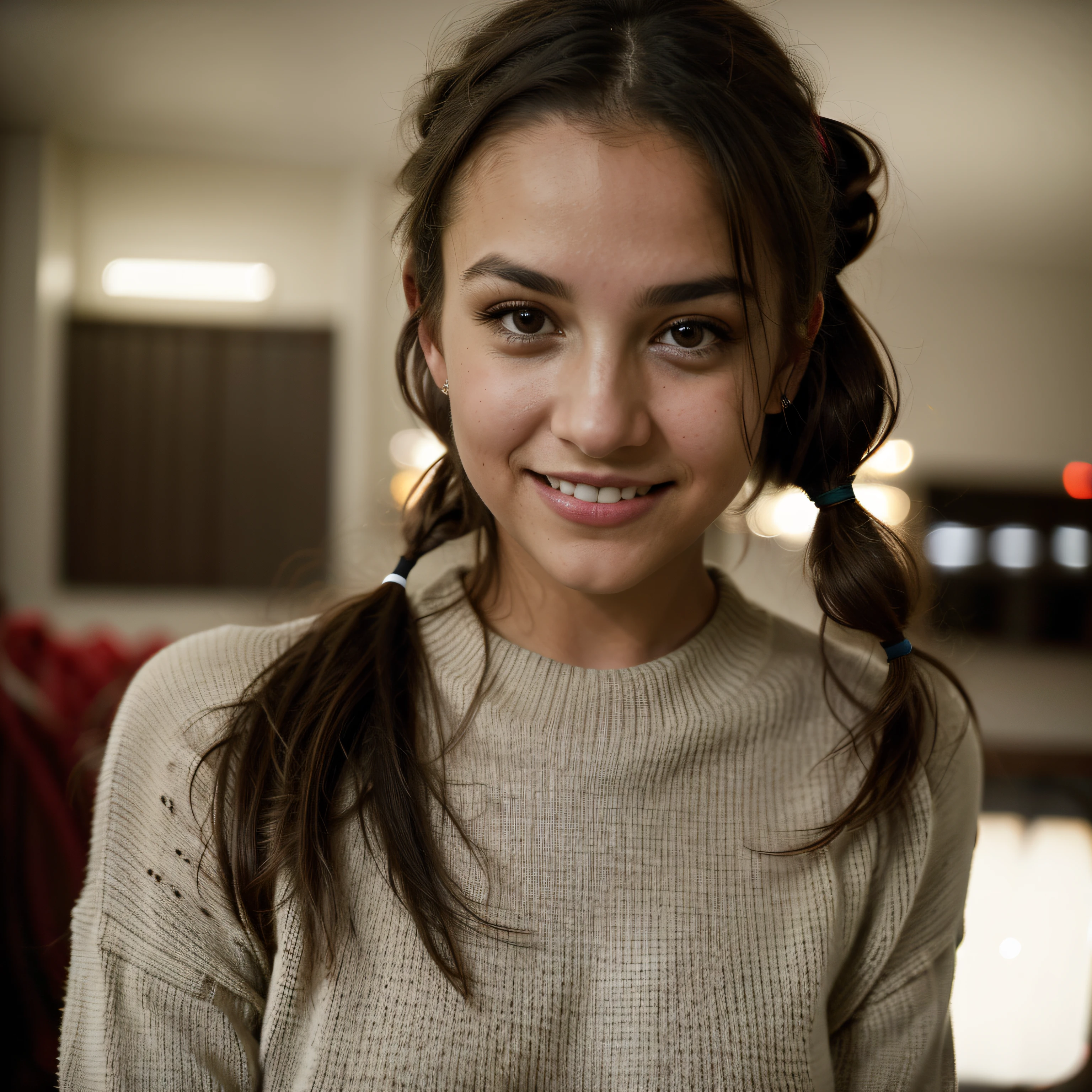 Portrait photo of a girl, (laughing:0.7), posing, look at a camera, dark brunette hair, ponytails, brown eyes, complex christmas home background, backlit, (cinematic:1.5), epic realistic, hyperdetailed, insane details, intricate details, accent lighting, soft volumetric light, bokeh, (dramatic light:1.2), cross process, (women sweater), dynamic angle, (flirting with camera: 0.7), middle boobs