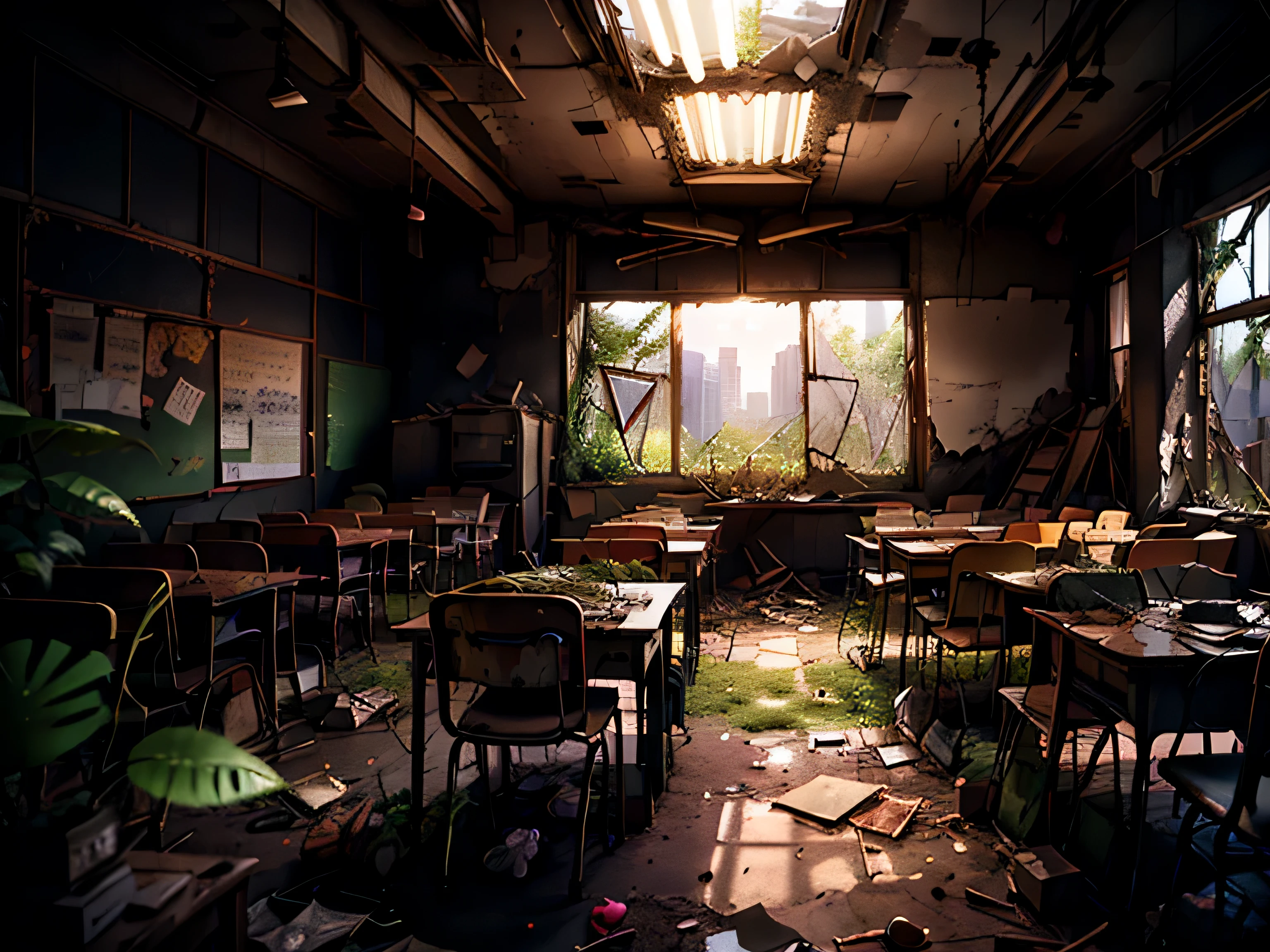 Concept art of a post-apocalyptic world with ruins, overgrown vegetation, Big breasts, big breasts ((Lone survivors)), The content is very detailed,Detailed drawing，Japanese anime，tmasterpiece，dilapidated building right sun，Dilapidated classrooms，Shabby table，damaged chair，open air，(长满青苔Big breasts, big breasts草)，Three or four o&#39;clock in the afternoon，((废墟))，((A girl is sitting in the classroom looking up into the distance)),Lateral face，校服，Twist braids，vanishing point, opinion, 电影灯光.