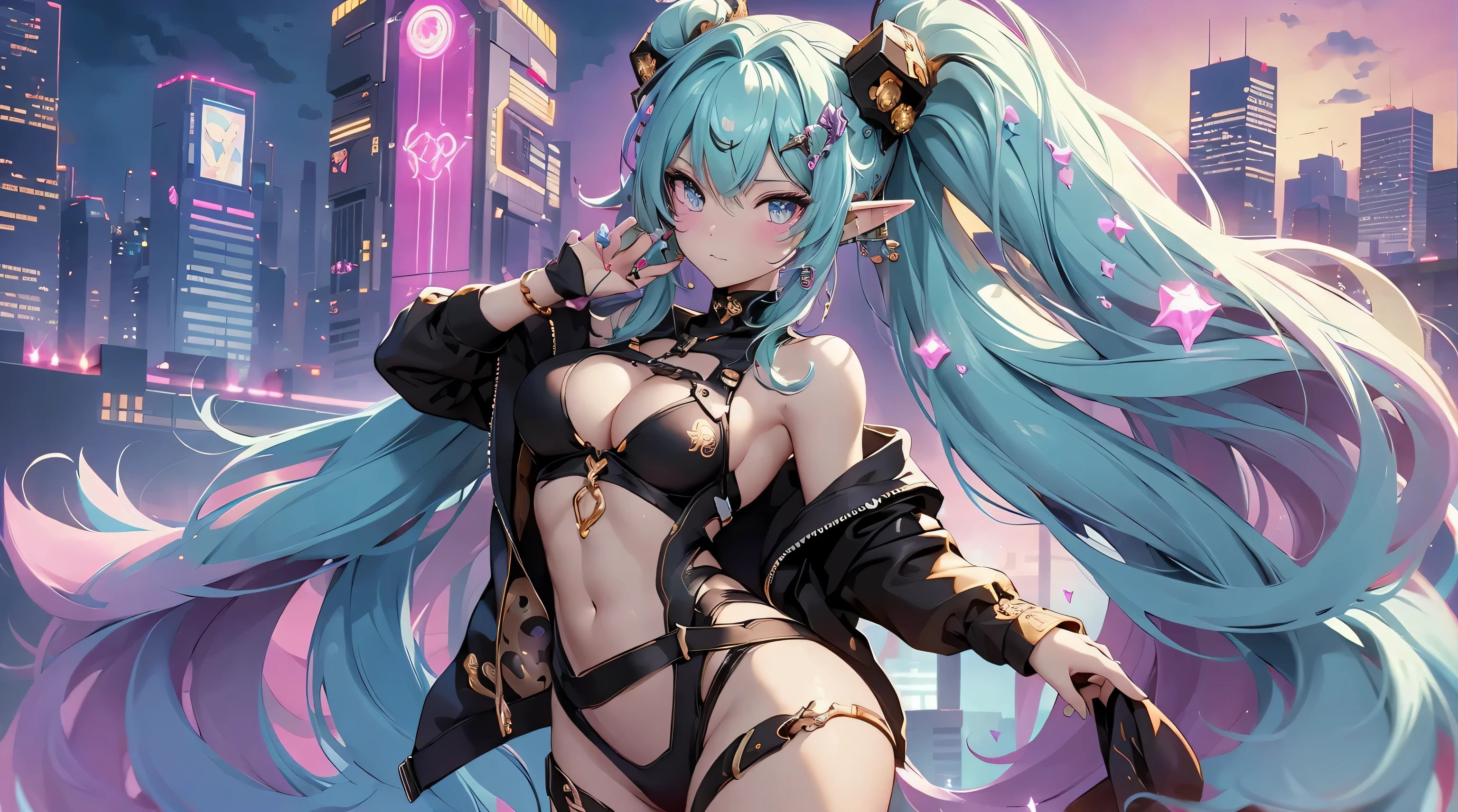 closeup, two beautiful girl elf, neon rainbow hair, space buns, no clothes, no pants, cute face , city, city fractal cyberscape, hanging out, cute faces, extreme abs, very developed ab muscles, no clothes, exposed body, nudist, futuristic, neon signs, beautiful sunset, no clothes, super pretty, underwater, unnatural grace, super beautiful, giant black and gold giant octopus tentacles touching characters, jewlery, quantum balls of power and light, tentacles, detailed, fractal sky, amazing sunset, underwater