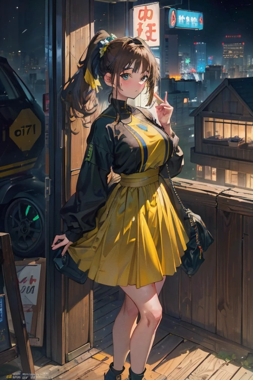 (Night:1.7), Cyberpunk_CityView, Before Window,
(Standing:1.7) at attention,
Yellow and green shirt,Whiong_skirt,long sleeves, 
bare legs, 
brown_hair,brown_eyes,hair_ornament,hairclip,side ponytail, single braid, 
1 girl, 20yo,mature female,Beautiful Finger,Beautiful long legs,Beautiful body,Beautiful Nose,Beautiful character design, perfect eyes, perfect face,
looking at viewer, (innocent_big_eyes:1.0),(expressionless:1.3),
NSFW,official art,extremely detailed CG unity 8k wallpaper, perfect lighting,Colorful, Bright_Front_face_Lightinasterpiece:1.0),(best_quality:1.0), ultra high res,4K,ultra-detailed,
photography, 8K, HDR, highres, absurdres:1.2, Kodak portra 400, film grain, blurry background, bokeh:1.2, lens flare, (vibrant_color:1.2)
(Beautiful,large_Breasts:1.4), (beautiful_face:1.5),(narrow_waist),