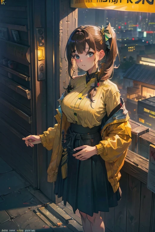 (Night:1.7), Cyberpunk_CityView, Before Window,
(Standing:1.7) at attention,
Yellow and green shirt,Whiong_skirt,long sleeves, 
bare legs, 
brown_hair,brown_eyes,hair_ornament,hairclip,side ponytail, single braid, 
1 girl, 20yo,mature female,Beautiful Finger,Beautiful long legs,Beautiful body,Beautiful Nose,Beautiful character design, perfect eyes, perfect face,
looking at viewer, (innocent_big_eyes:1.0),(expressionless:1.3),
NSFW,official art,extremely detailed CG unity 8k wallpaper, perfect lighting,Colorful, Bright_Front_face_Lightinasterpiece:1.0),(best_quality:1.0), ultra high res,4K,ultra-detailed,
photography, 8K, HDR, highres, absurdres:1.2, Kodak portra 400, film grain, blurry background, bokeh:1.2, lens flare, (vibrant_color:1.2)
(Beautiful,large_Breasts:1.4), (beautiful_face:1.5),(narrow_waist),