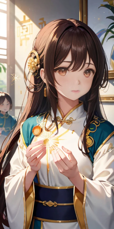 女の子1人、Brown hair、Gold Eye、chinese clothes、Particles of light、llight rays、wall-paper、highcontrast、colourfull、high-level image quality