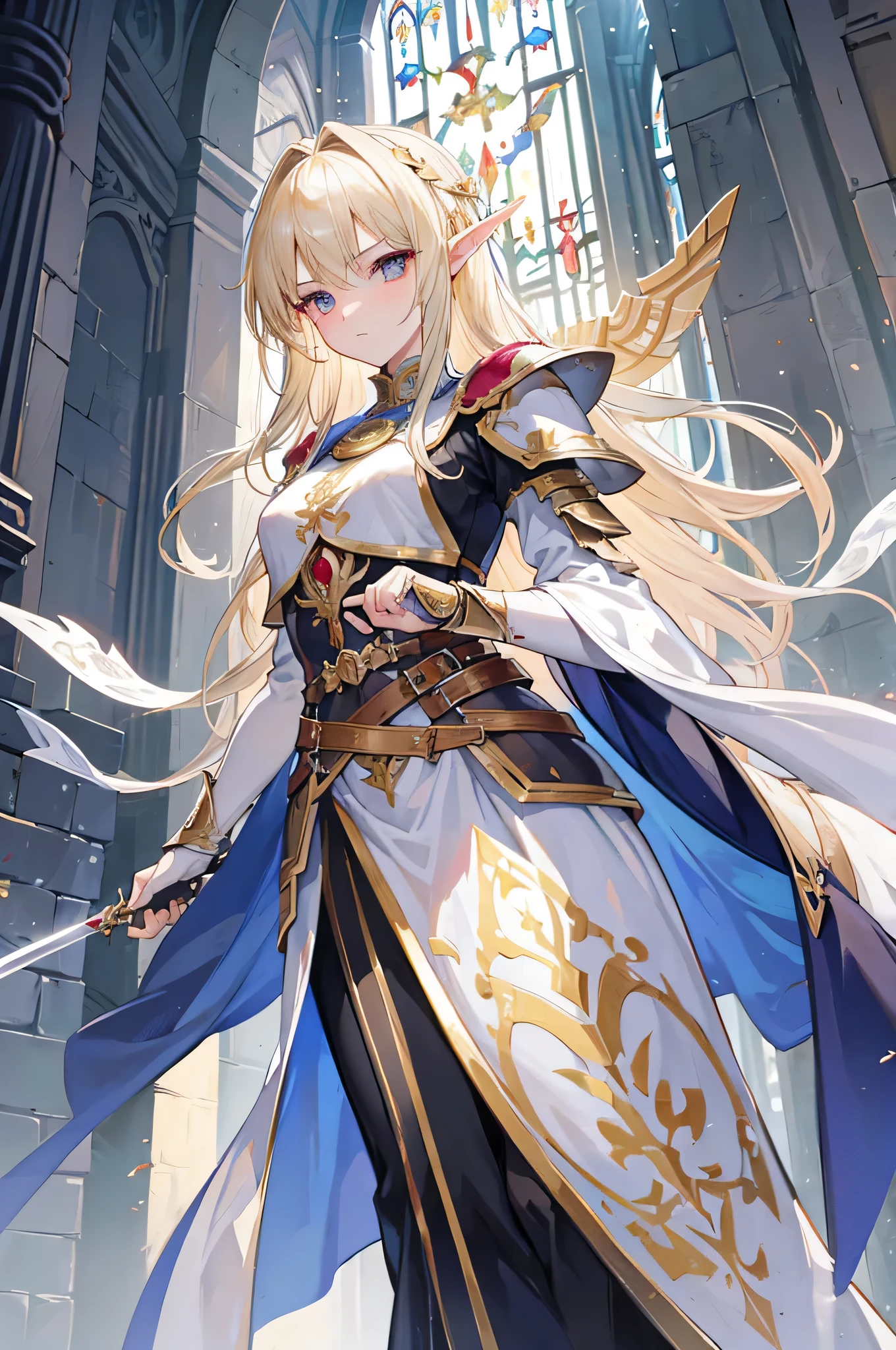 The holy and beautiful half-elf saint，Looking for blonde hair，Silver-white armor，and ruby eyes，The expression is resolute，the detail，The oath is being taken in the church，Holding a long sword，Duel pose