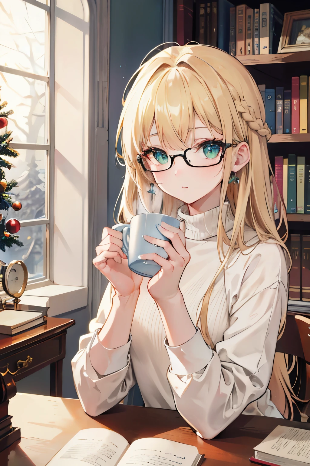 ((masterpiece,hight resolution,8K picture quality,top-quality)),1womanl,((extra detailed face)),Delicate eyes,((eye glass,Eyes are green)),((hairstyle on:hard wave long hair,a blond)),lensflare,Dramatic makeup,Natural complexion,Small Christmas Tree,Red knitwear,snow seen from the window,Night outside the window,Room with bookshelves,Wooden table,art deco furniture,holding a white mug with both hands,put your elbows on the desk,