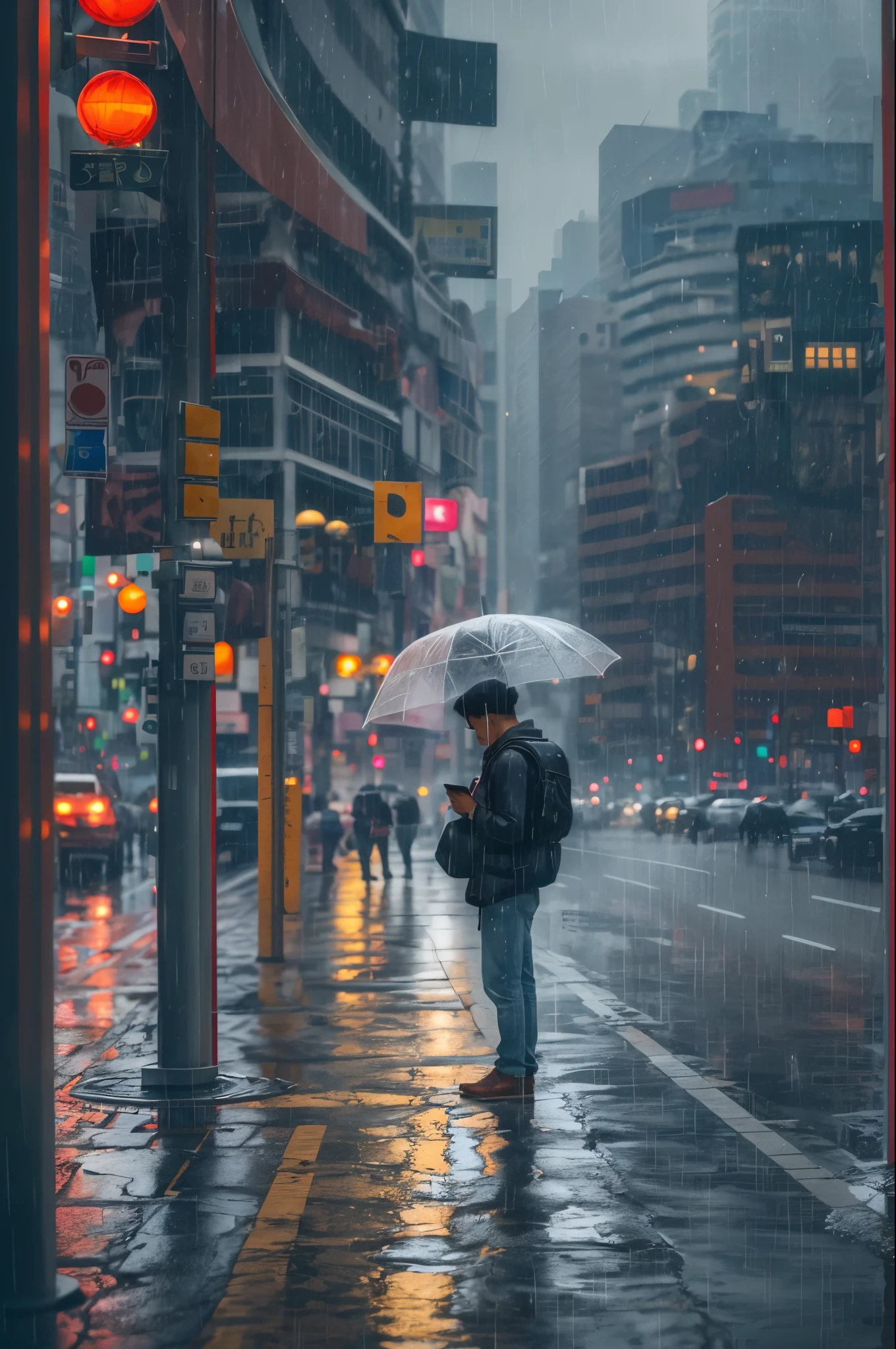 Man alone at bus stand in extremely heavy rain with phone in hand in South Korea --auto --s2