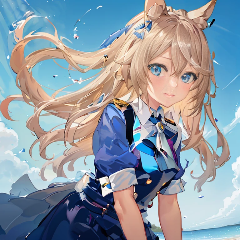 Anime girl with long blonde hair and blue dress standing on the beach, Very Beautiful Anime Cat Girl, beautiful anime catgirl, azur lane style, Anime girl with cat ears, cute anime catgirl, from the azur lane videogame, anime catgirl, characters from azur lane, blonde anime girl with long hair, splash art anime , attractive cat girl