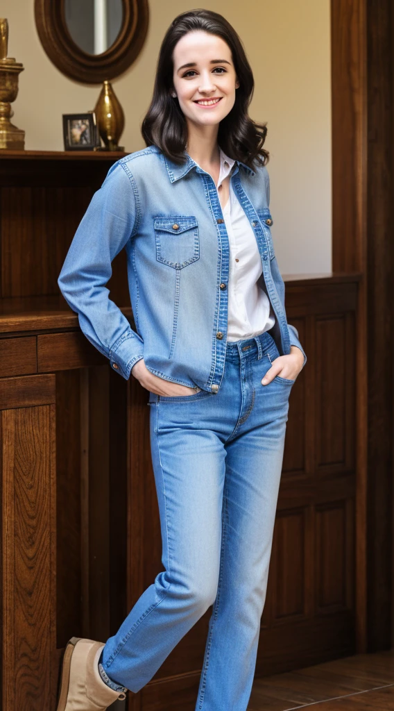 wearing a  Chambray Blue tshirt, jeans,  birthday party <lora:Belinda_Stewart-Wilson:1> 1girl, solo, a mature bs1873w,