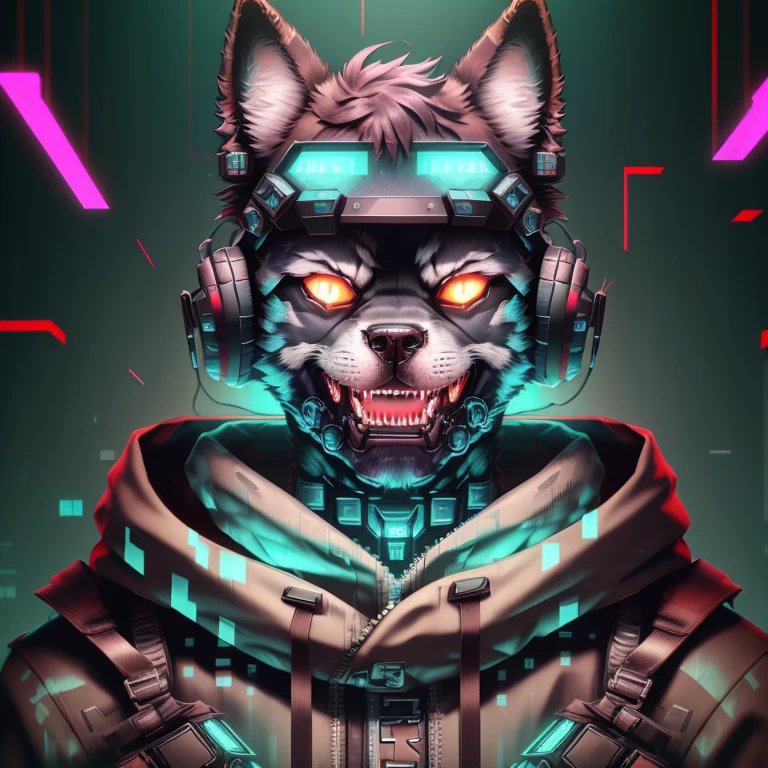 matwaretech , husky dog half face, scifi, cyberpunk, pixelated, malware glitch, holding a smartphone, neon mouth mask, helmet, visor,