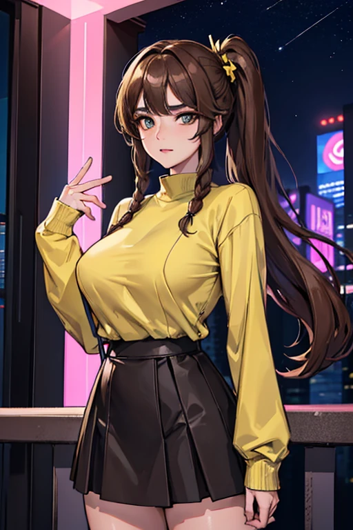 (Night:1.7), Cyberpunk_CityView, Before Window,
(Standing:1.7) at attention,
Yellow and green shirt,Whiong_skirt,long sleeves, 
bare legs, 
brown_hair,brown_eyes,hair_ornament,hairclip,side ponytail, single braid, 
1 girl, 20yo,mature female,Beautiful Finger,Beautiful long legs,Beautiful body,Beautiful Nose,Beautiful character design, perfect eyes, perfect face,
looking at viewer, (innocent_big_eyes:1.0),(expressionless:1.3),
NSFW,official art,extremely detailed CG unity 8k wallpaper, perfect lighting,Colorful, Bright_Front_face_Lightinasterpiece:1.0),(best_quality:1.0), ultra high res,4K,ultra-detailed,
photography, 8K, HDR, highres, absurdres:1.2, Kodak portra 400, film grain, blurry background, bokeh:1.2, lens flare, (vibrant_color:1.2)
(Beautiful,large_Breasts:1.4), (beautiful_face:1.5),(narrow_waist),
