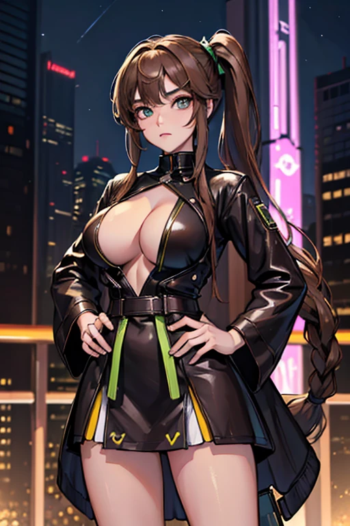 (Night:1.7), Cyberpunk_CityView, Before Window,
(Standing:1.7) at attention,
Yellow and green shirt,Whiong_skirt,long sleeves,
bare legs,
brown_hair,brown_eyes,hair_ornament,hairclip,side ponytail, single braid,
1 girl, 20yo,mature female,Beautiful Finger,Beautiful long legs,Beautiful body,Beautiful Nose,Beautiful character design, perfect eyes, perfect face,
looking at viewer, (innocent_big_eyes:1.0),(expressionless:1.3),
NSFW,official art,extremely detailed CG unity 8k wallpaper, perfect lighting,Colorful, Bright_Front_face_Lightinasterpiece:1.0),(best_quality:1.0), ultra high res,4K,ultra-detailed,
photography, 8K, HDR, highres, absurdres:1.2, Kodak portra 400, film grain, blurry background, bokeh:1.2, lens flare, (vibrant_color:1.2)
(Beautiful,large_Breasts:1.4), (beautiful_face:1.5),(narrow_waist),