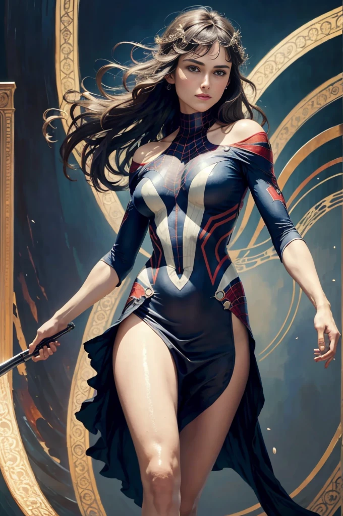 keira knightley、Sticking out the navel、newyork、She wears a torn Spider-Man suit,wearing skirt、abstract photorealistic、artistic、Alphonse Mucha's painting(masterpiece、top-quality、hight resolution:1.4)、detaileds、複雑なdetaileds、4K、color splashes、line-drawing、Fibonacci、