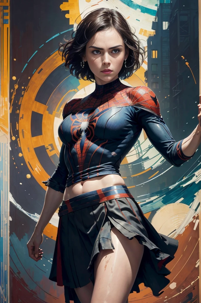 Daisy Ridley、Sticking out the navel、newyork、She wears a torn Spider-Man suit,wearing skirt、abstract photorealistic、artistic、Alphonse Mucha's painting(​masterpiece、top-quality、hight resolution:1.4)、detaileds、複雑なdetaileds、4K、color splashes、line-drawing、Fibonacci、
