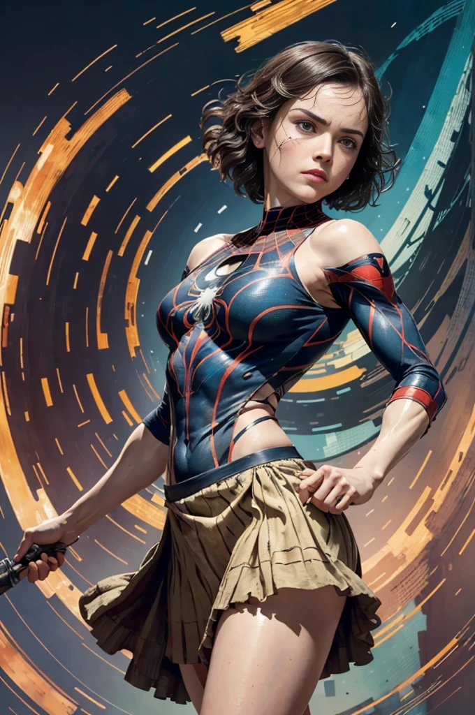 Daisy Ridley、Sticking out the navel、newyork、She wears a torn Spider-Man suit,wearing skirt、abstract photorealistic、artistic、Alphonse Mucha's painting(​masterpiece、top-quality、hight resolution:1.4)、detaileds、複雑なdetaileds、4K、color splashes、line-drawing、Fibonacci、