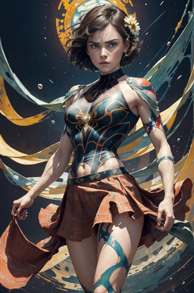 Daisy Ridley、Sticking out the navel、newyork、She wears a torn Spider-Man suit,wearing skirt、abstract photorealistic、artistic、Alphonse Mucha's painting(masterpiece、top-quality、hight resolution:1.4)、detaileds、複雑なdetaileds、4K、color splashes、line-drawing、Fibonacci、