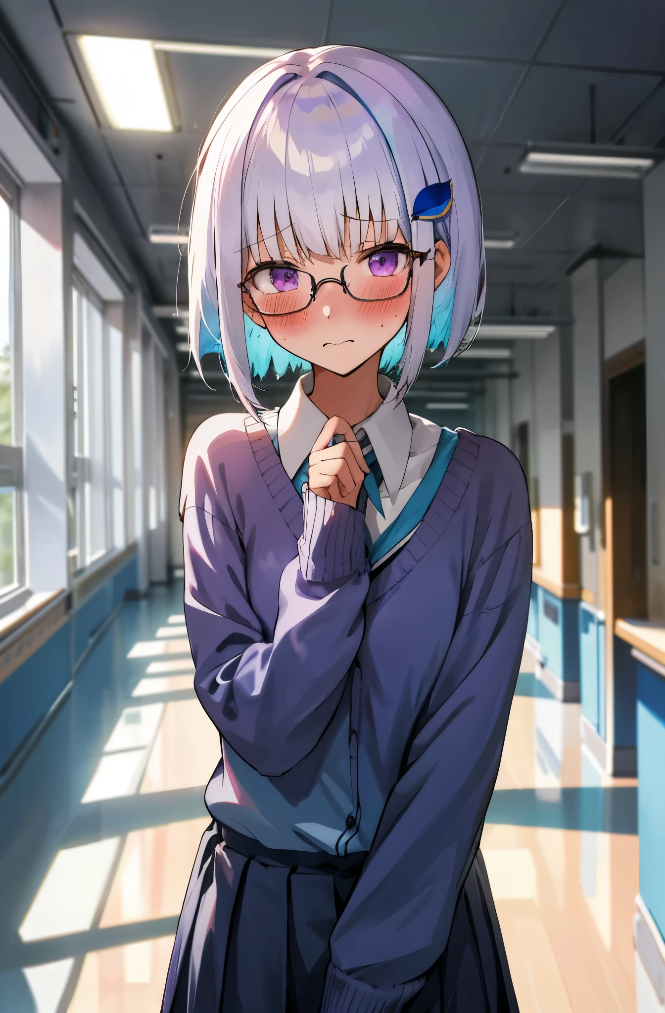 One girl with shorthair, bangs, white hair, blue inner hair:1.25) , purple eyes, looking at viewer, blushing, embarrassed, (embarrassed:1.2), school uniform, cardigan, glasses, indoor, school corridor, dizzy, mid-chest, day atmosphere, hair ornament, standing, upper body