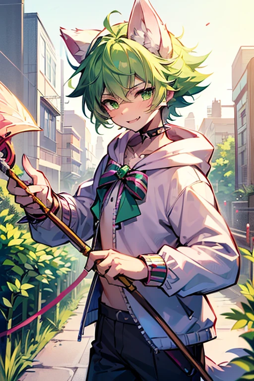 (((8K))), (((wolf))), ((spiky hair)), (((magical boy outfit))), nose bandage, (((limegreen hair))), boy, schoolboy, cute boy, cute, lime green eyes, lime green hoodie, long muzzle, smiling, delinquent, handsome, very detailed, intricate detail, detailed face, cute fang, enthusiastic, energetic, playful, pink nose, black fur, white inner fur, white belly, ((magic boy)), ((madoka anime)), (((Puella Magi Madoka Magica))), (((holding bow))), (((1boy))), from a magical girl team, boyish face, magical boy, Magi-shounen, shorts, (((archery bow))), (((bow weapon))), magical