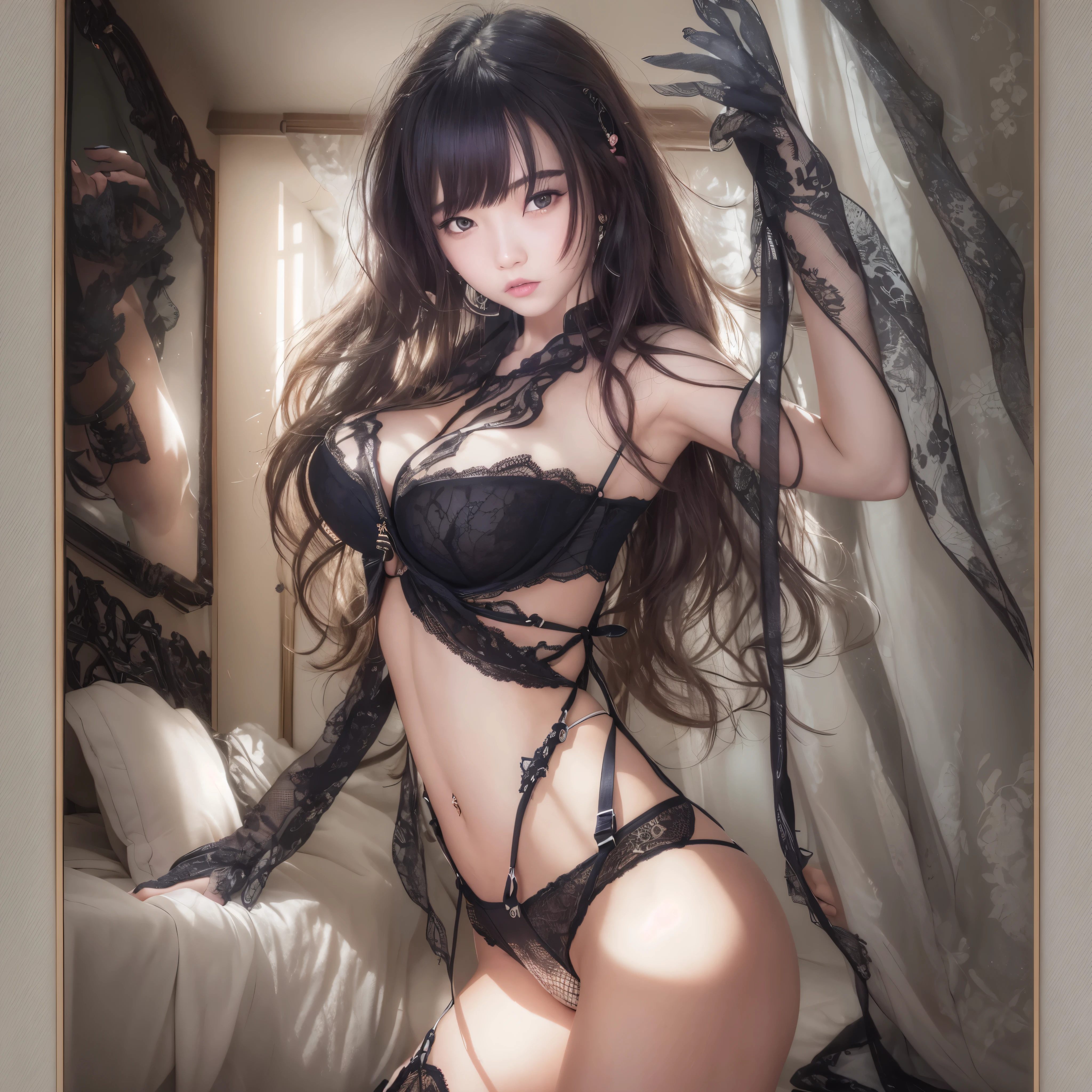 （8K ，Hyper-detailing，Ultra photo realsisim，Best Masterpiece，naturey，Perfect Artwork，Perfect female body），2 cute girls ，came out from the next room，Wear sexy lingerie，Black suspender stockings，Raised sexy，Metamorphosis is exposed ，FULL BODYSHOT