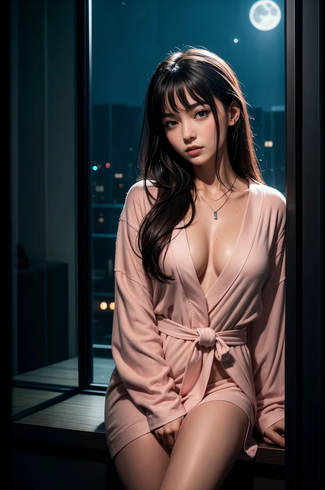 (Photoreal Stick:1.5, masutepiece:1.5, 8K), (top-quality, masterpiece, 超A high resolution), Perfect dynamic composition, Professional camera work:1.4, Highly detailed skin and facial texture:1.3, Mystical portrait:1.3, Grow Light Effect, The ultra-detailliert, 1girl in, ((Night view from inside the building, Pitch black room:0.9, The moonlight at night shines through the glass)), (Pink bathrobe), Model body type, Clear face, (Beautiful and seductive eyes:0.9, Enraptured look:1.0, i love you completely:0.8, A mouthfeel that feels beautiful eros:0.7), (Wet dark brown medium hair), the chest is medium, a necklace, (Leaning against the window, Sit up), ((seductiv))