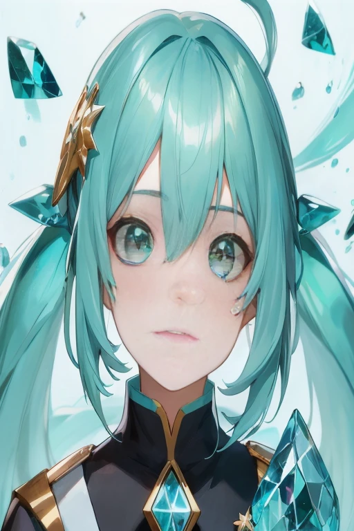 Close-up of a person with blue hair and a star on his head, Mikudayo, hatsune Miku portrait, portrait of hatsune Miku, Anime girl with teal hair, portrait knights of zodiac girl, Detailed Digital Anime Art, crisp clear rpg portrait, Detailed key anime art, highly detailed exquisite fanart, Stunning anime face portrait, Miku