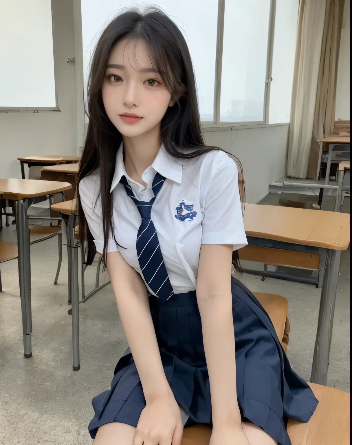 (((Best Quality, 8K, Masterpiece: 1.3,)), high-definition facial features, delicate facial feature, 1girl, Slim Abs Beauty: 1.3, ((long hair, natural hair)), ((((wearing school uniform)))), Fine Face, (((Delicate Eyes))), Double Eyelids, Smile, looking at the viewer, ((full body 1.5)), (((background : school))), ((((natural background)))), (sitting on the chair), chair, window, bare legs