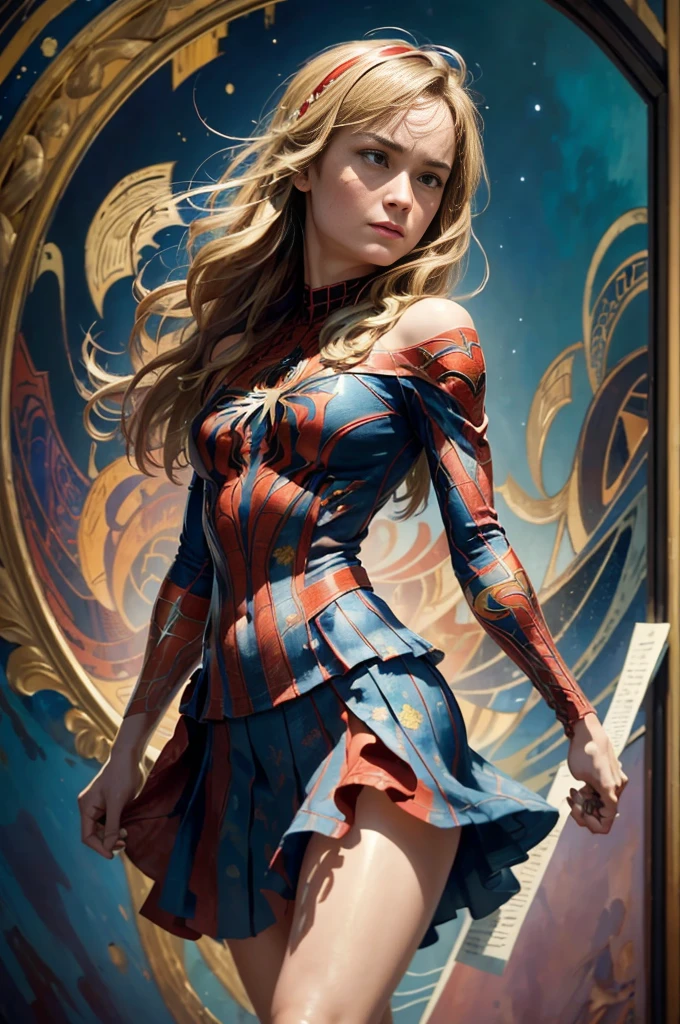 Brie Larson、Sticking out the navel、newyork、She wears a torn Spider-Man suit,wearing skirt、abstract photorealistic、artistic、Alphonse Mucha's painting(​masterpiece、top-quality、hight resolution:1.4)、detaileds、複雑なdetaileds、4K、color splashes、line-drawing、Fibonacci、