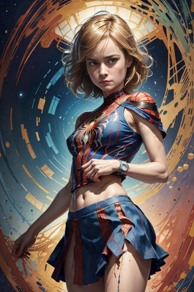 Brie Larson、Sticking out the navel、newyork、She wears a torn Spider-Man suit,wearing skirt、abstract photorealistic、artistic、Alphonse Mucha's painting(masterpiece、top-quality、hight resolution:1.4)、detaileds、複雑なdetaileds、4K、color splashes、line-drawing、Fibonacci、