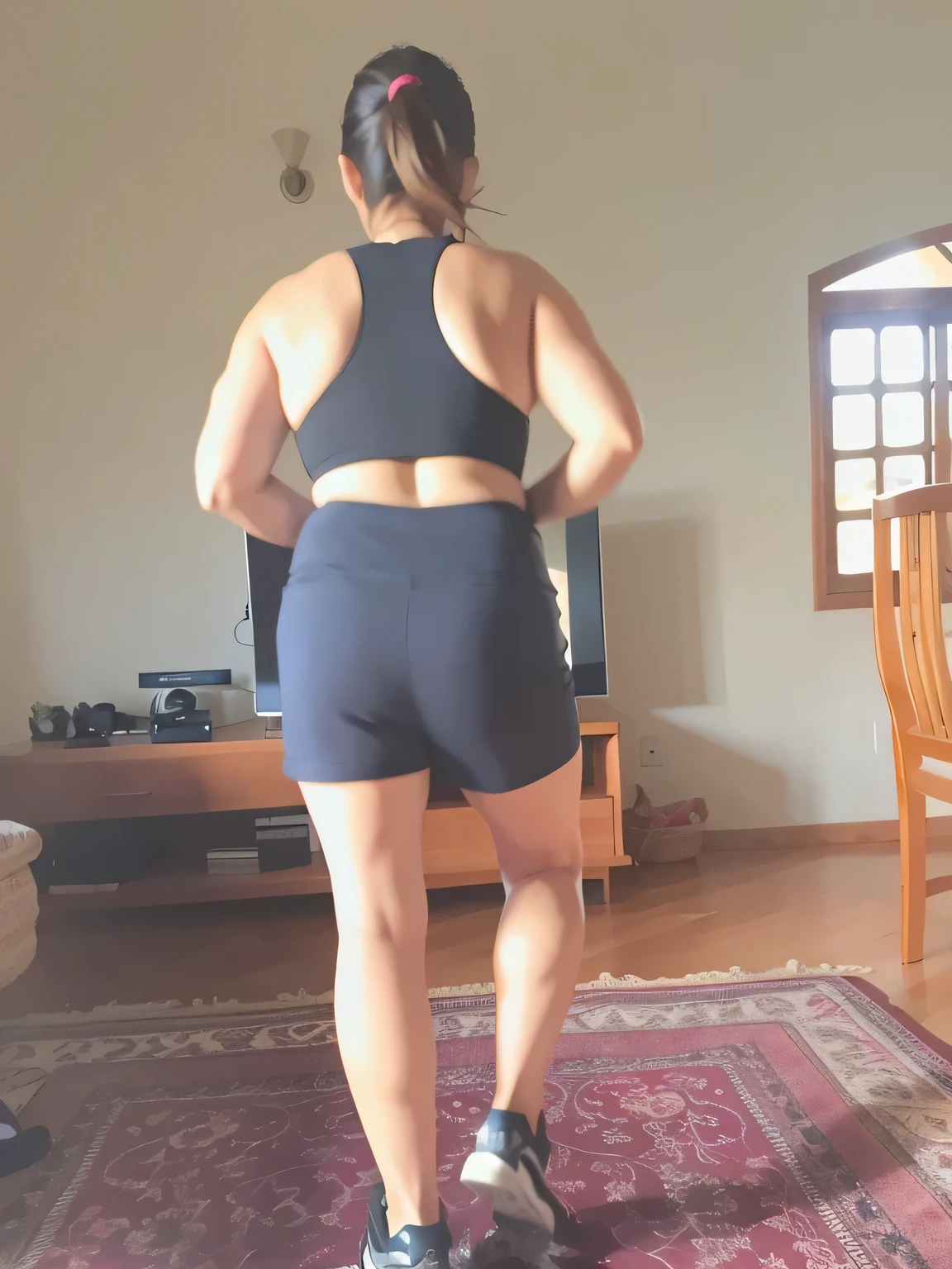 there is a woman in a black blouse and shorts standing in a living room, view from the back, long shot from the back, sport bra and dark blue shorts, seen from the back, tiro traseiro, shot from the back, long shot from the back, from the back, pose from the back, tiro nas costas, from the back, tiro traseiro, Costas - Pneu