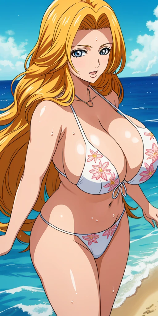 Matsumoto_rangiku, huge_breasts, 1chica, solamente, Afrodita, adornos para el cabello, flores en el cabello, pechos enormes, cuello, pulseras doradas, obra maestra, mejor calidad, colores vibrantes, NSFW, oversized gigantic breast, Mujer completamente madura, Cabello largo, happy face, in the beach, (Beautiful_cara:1.5), (estrecho_cintura) cinematic lighting, bust shot, extremely detailed CG unity 8k wallpaper, muscular, (gigantic breasts:1.0), big eyes, (curvy:0.8), caustics, (sunbeam:0.8), water up to the chest, oversized gigantic breast, BBW | Mujer completamente madura,{{{1girll}}}, {{{La mejor calidad}}}, {{{HDR, hiper HD, 8k }}}, {{Pintura ultrafina}}, {{{Obra maestra}}}, {{Ultra detallado}}, {{extreme detail description}}, (Pechos gigantescos de escote:1.5), smile, 1girl, solo, hair over shoulder, rangiku, blonde hair, blue eyes, Bangs, long hair, 1 girl, closed mouth, (innocent_big_eyes:1.0), Light_Smile, masterpiece, best quality, detailed face, detailed eyes, highres, bikini, naked bikini, beach, wet bikini, tight bikini, extremely detailed hands, wide hips, thick thighs, huge round fake breast, erotic smile face, shiny skin, open mouth, breasts squeezed together, white bikini, on the beach, laying down on stomach sunbathing, sunburned ass, full body, bikini pink flower print,